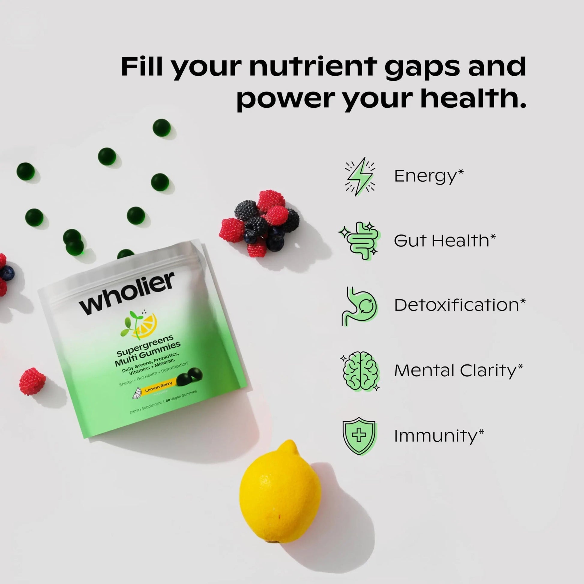wholier Supergreens Multi Gummies, Daily Greens with Prebiotics, Fiber, Adaptogens, Plant-Based Multivitamin with 9 Essential Vitamins wholier buy supplements canada