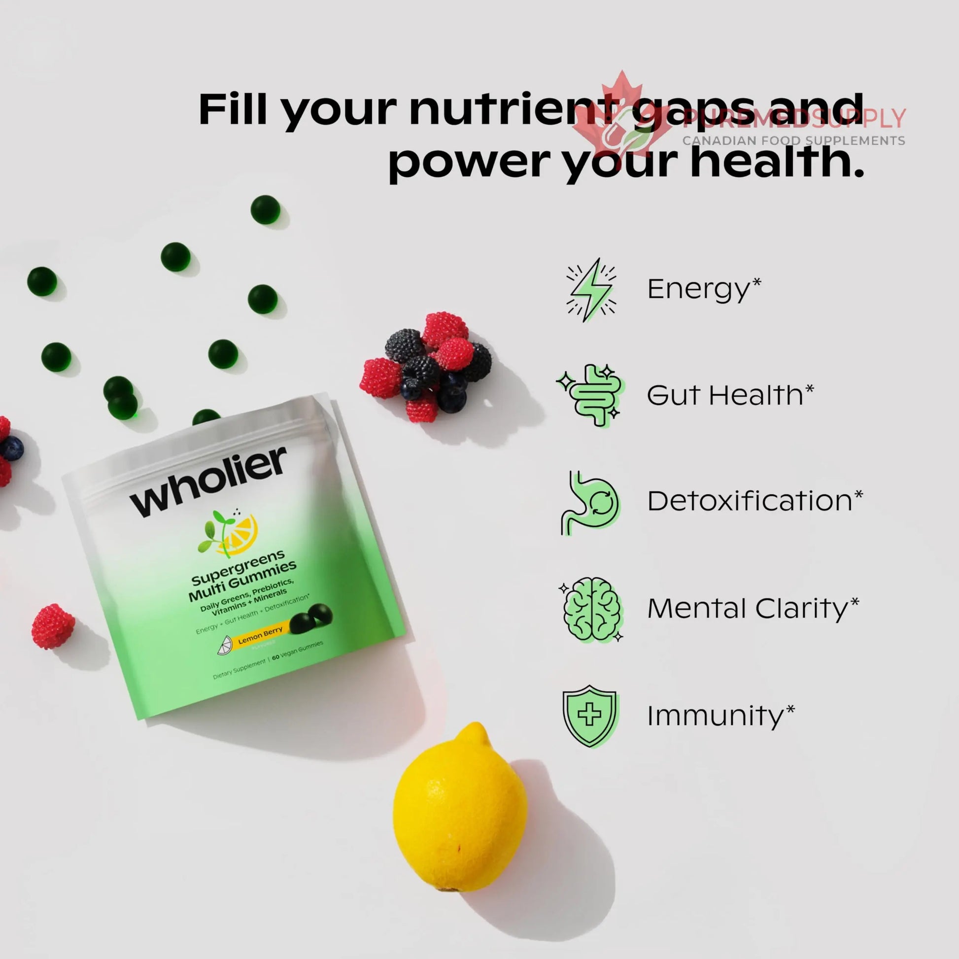 wholier Daily Supergreens Gummies, Greens Supplement with Prebiotics, Fiber, Adaptogens, Vegan Multivitamin, 9 Essential Vitamins + Minerals, 1g Sugar, 2 Gummy Serving (60 Gummies, 30 Day Supply) wholier buy supplements canada