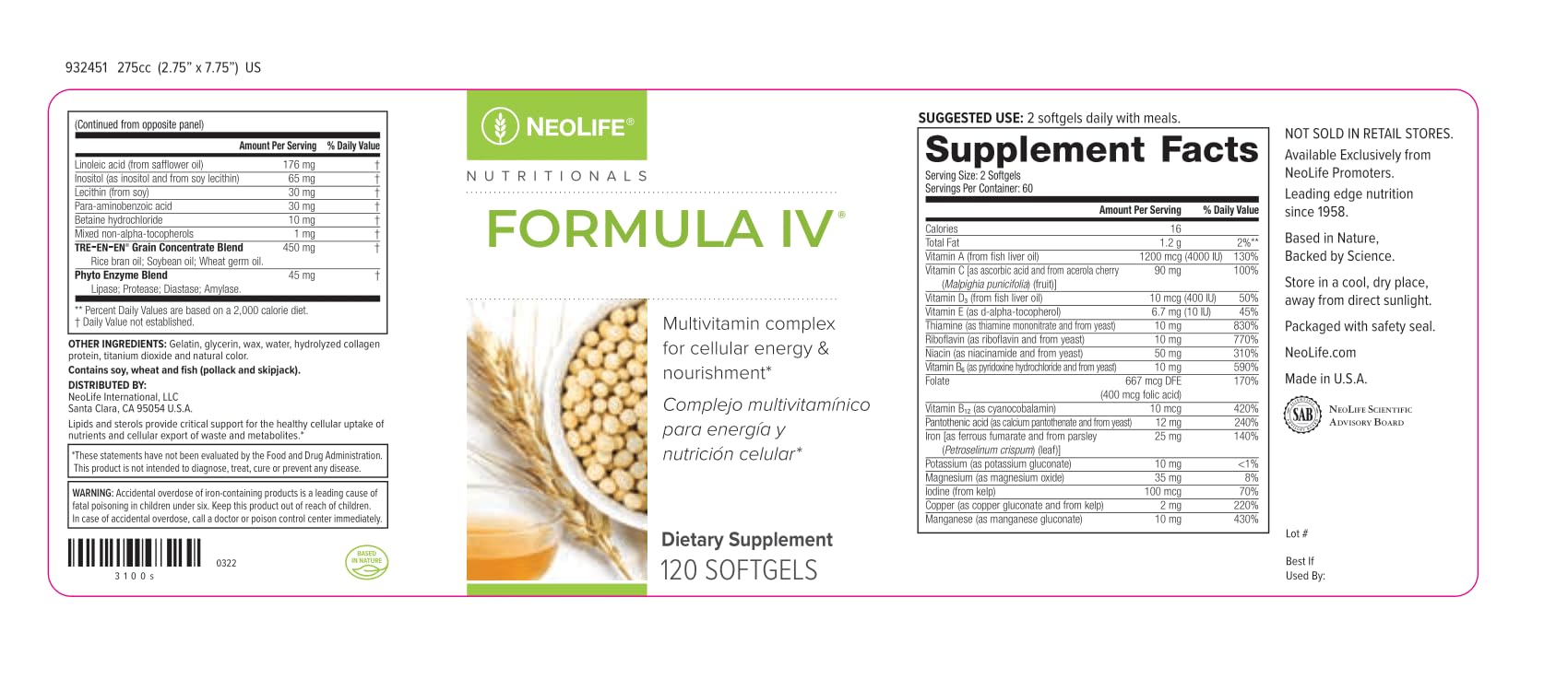 NeoLife - Formula IV Softgel - Vitamins A, C, D, E, B Complex, Multivitamins & Multi-Minerals, Multivitamin for Women & Men, TRE-EN-EN Grain Blend Supplements, Phyto Enzyme Blend - 120 Softgels NeoLife buy supplements canada