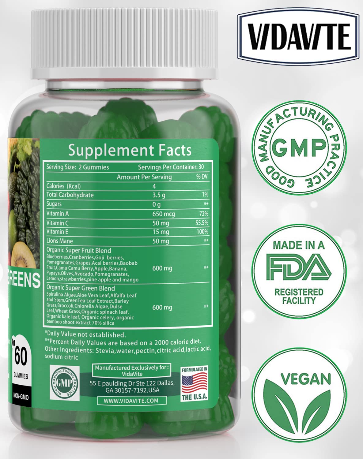 VIDAVITE Sugar-free Super Greens Gummies — US-Made, 35+ Fruit and Veggie gummies to Boost Immunity, Skin & Gut Health — Ideal Fruits and Vegetables Supplement VIDAVITE buy supplements canada