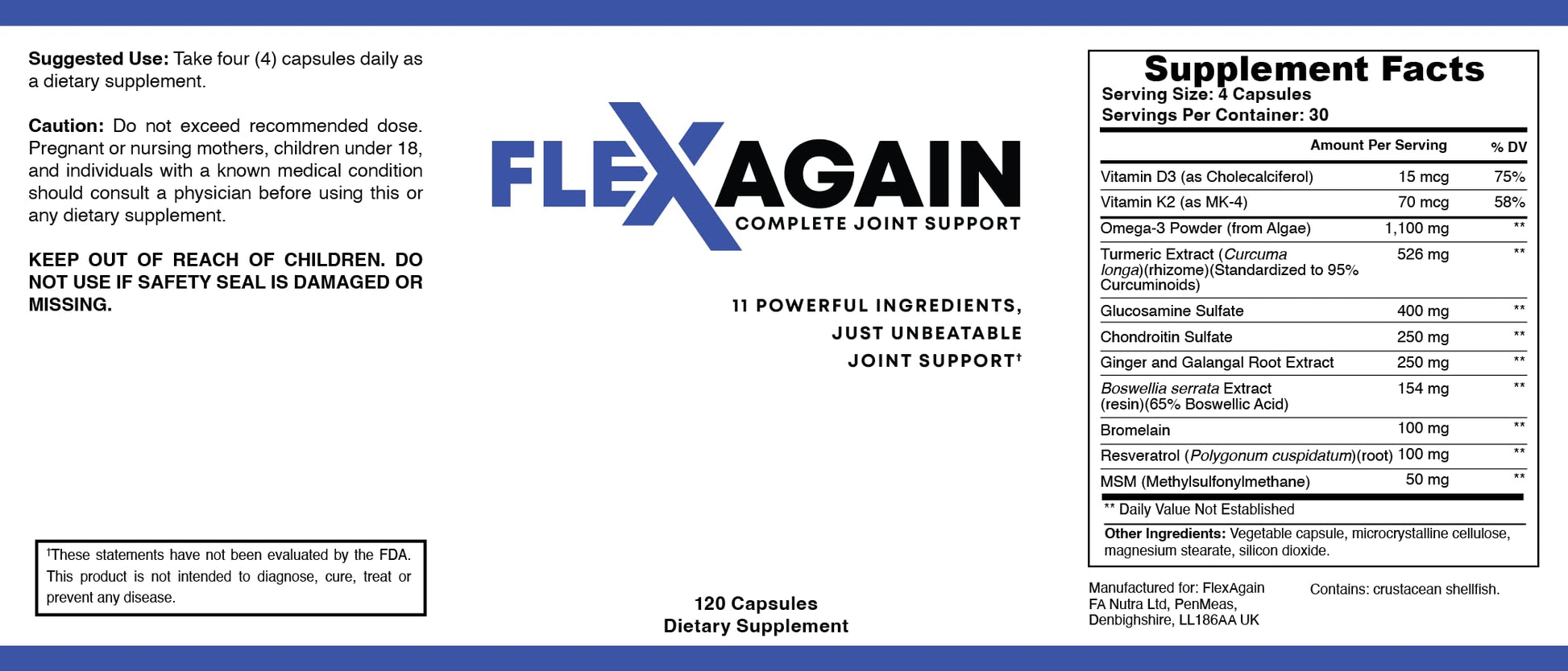 FlexAgain - Fully Comprehensive Joint Support - 120 Capsules - 1 Month Supply FlexAgain buy supplements canada