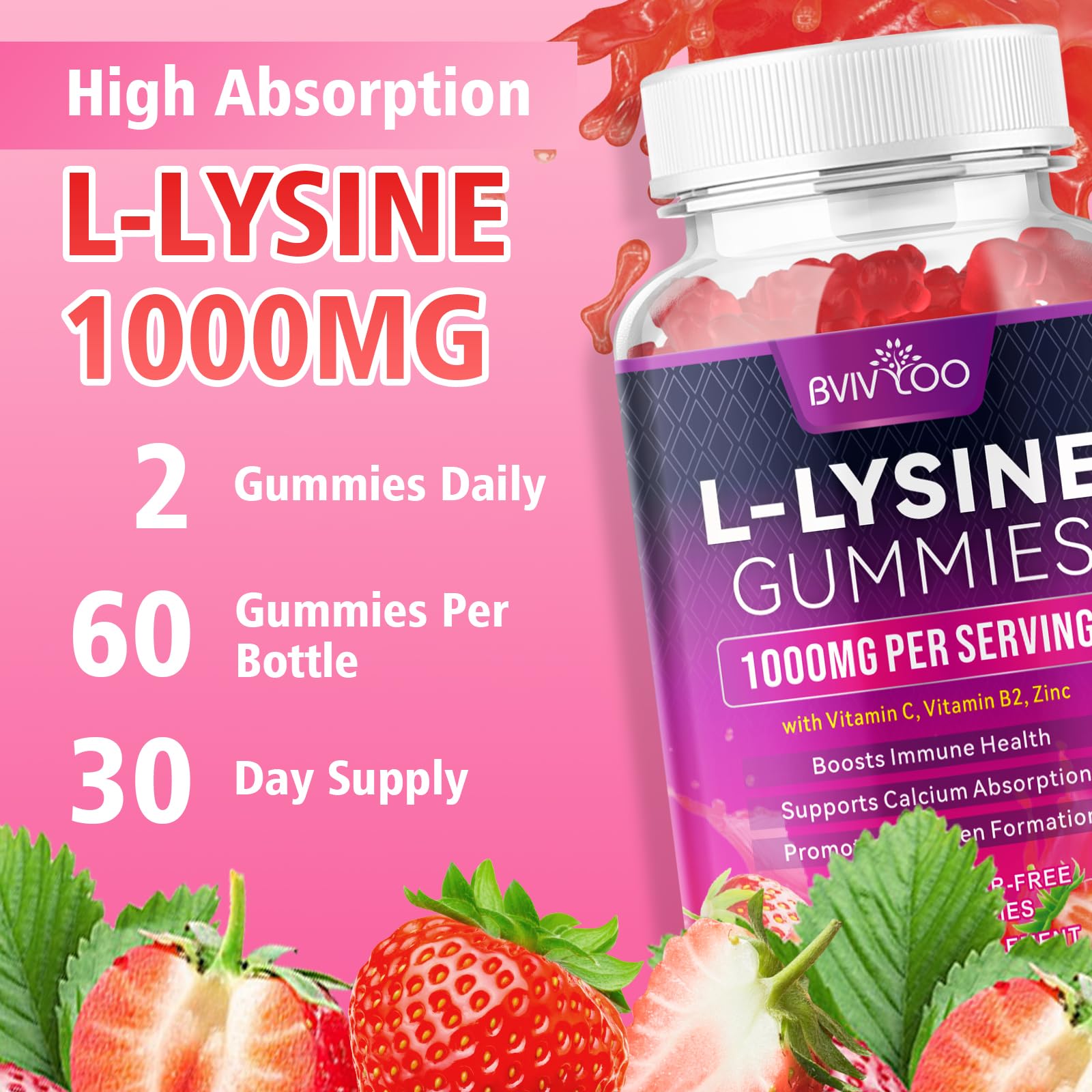 BVIVLOO L-Lysine 1000mg Gummies for Immune Support & Skin Health - High Potency Vegan Gummies, Sugar-Free, Natural Berry Flavor, Gluten-Free Chewable Supplement BVIVLOO buy supplements canada
