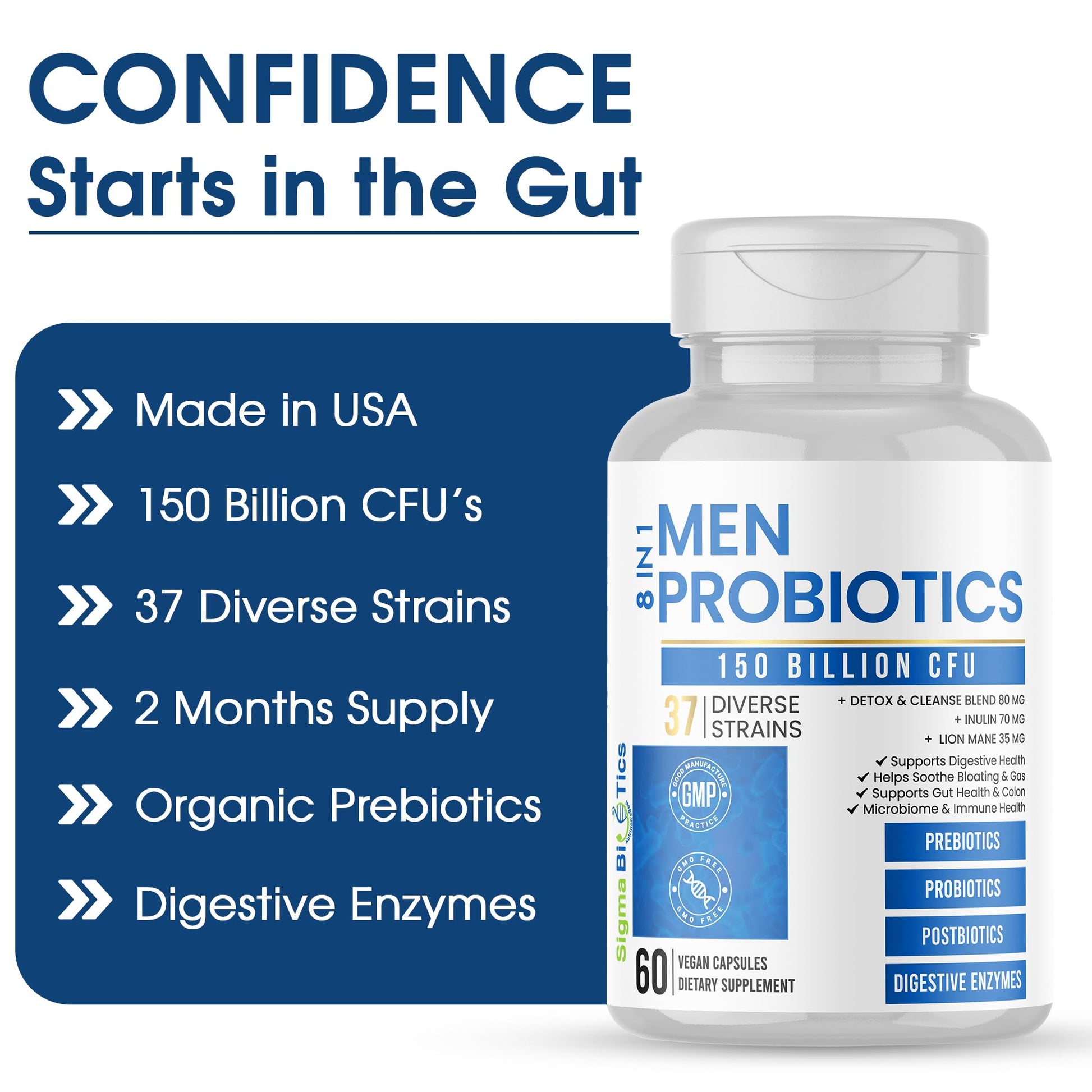 Probiotics for Men - 150 Billion CFU Acidophilus Capsules with Prebiotics & Postbiotics - Supports Gut Microbiome, Colon & Immune Health - 37 Strains with Digestive Enzymes - 60 Vegan Capsules SigmaBiotics buy supplements canada