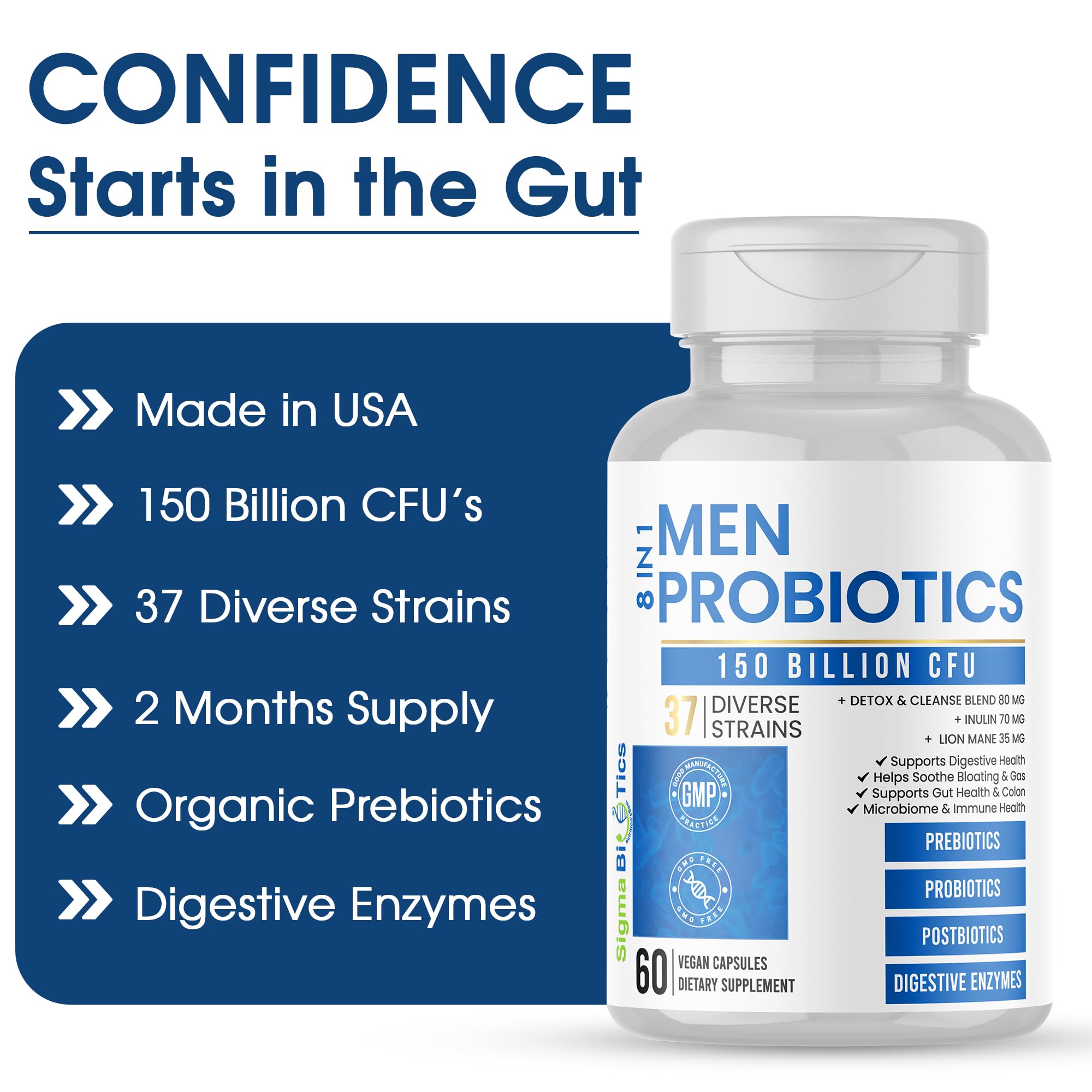 Probiotics for Men - 150 Billion CFU Acidophilus Capsules with Prebiotics & Postbiotics - Supports Gut Microbiome, Colon & Immune Health - 37 Strains with Digestive Enzymes - 60 Vegan Capsules SigmaBiotics buy supplements canada