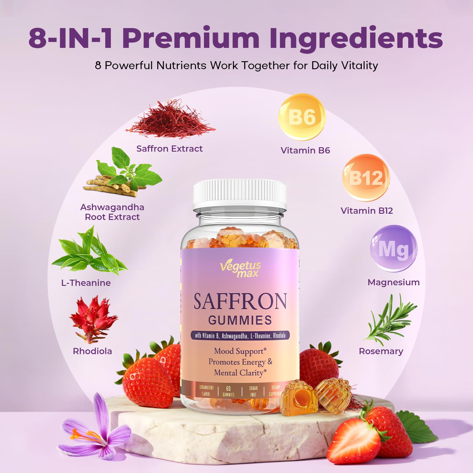 Saffron Supplements Gummies, 88.5mg Pure Saffron Extract with Ashwagandha L-Theanine Rhodiola Rosemary Magnesium Vitamin B6 B12 for Mood Focus Support Adults Kids - 60 Count VEGETUSMAX buy supplements canada