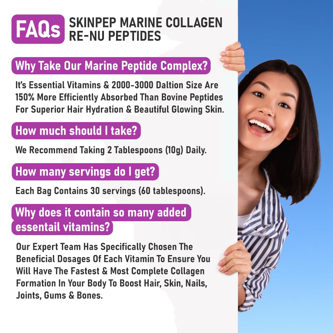 Premium Hydrolysed Marine Collagen Peptide Powder + VIT C, B Complex Hyaluronic Acid, & Stevia. Delicious Taste/No Fishy Smell - SkinPep® Collagen Re-Nu 300g - 30 Days Supply SkinPep buy supplements canada