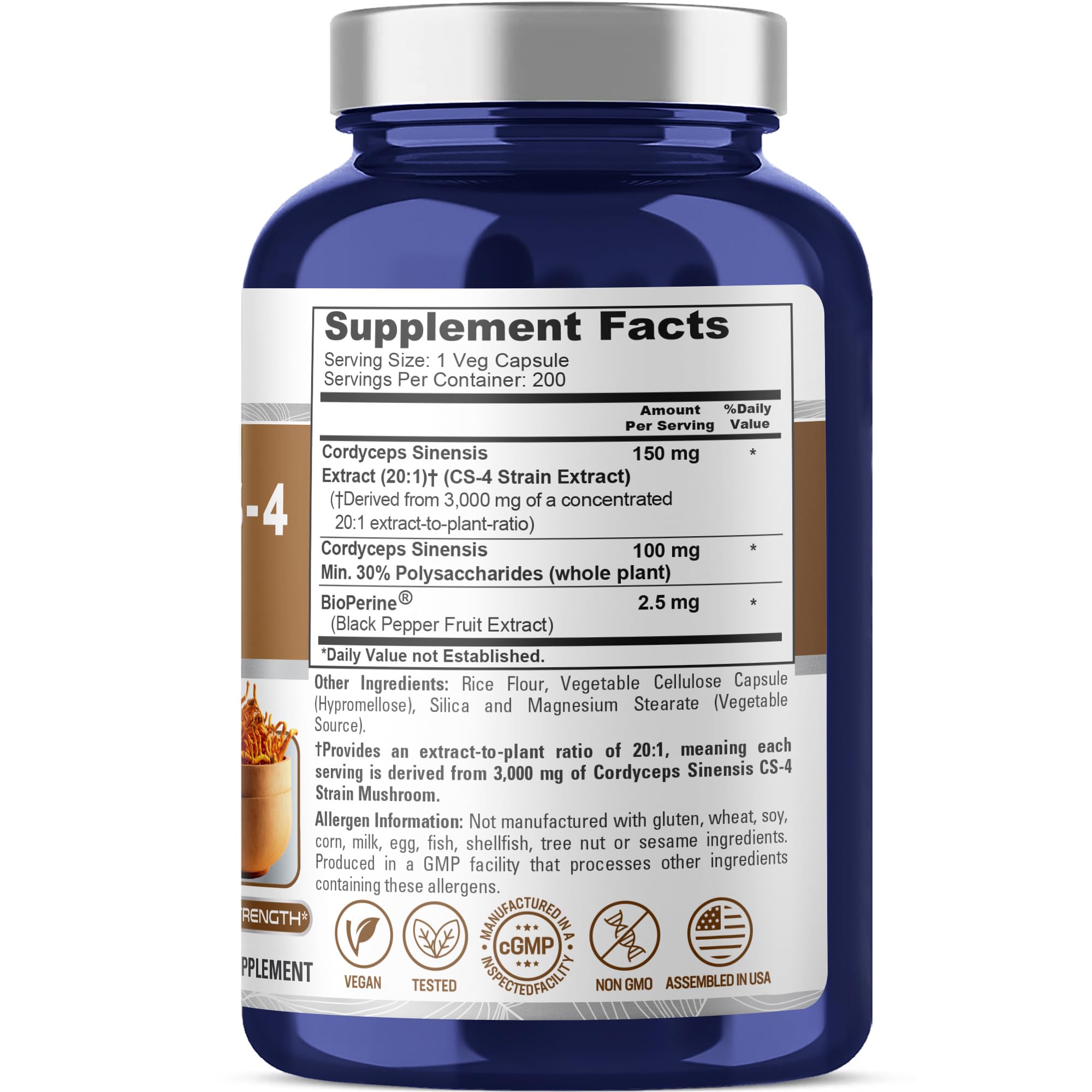 NusaPure Cordyceps 20:1 Extract, 150 mg Equivalent to 3,000mg 200 Veggie Capsules (Sinensis CS-4, Non-GMO, Vegan) Bioperine NusaPure buy supplements canada