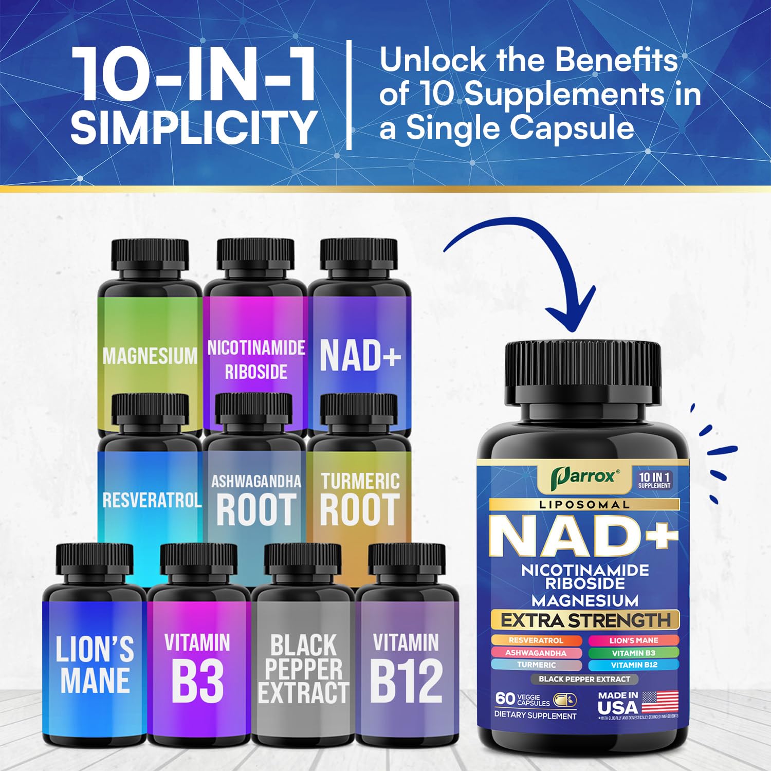Parrox NAD+ Supplement with Liposomal NAD+, Nicotinamide Riboside, Magnesium, Vitamin B3 & B12, Resveratrol, Turmeric, Ashwagandha, Lion’s Mane,10-in-1 Extra Strength Parrox buy supplements canada