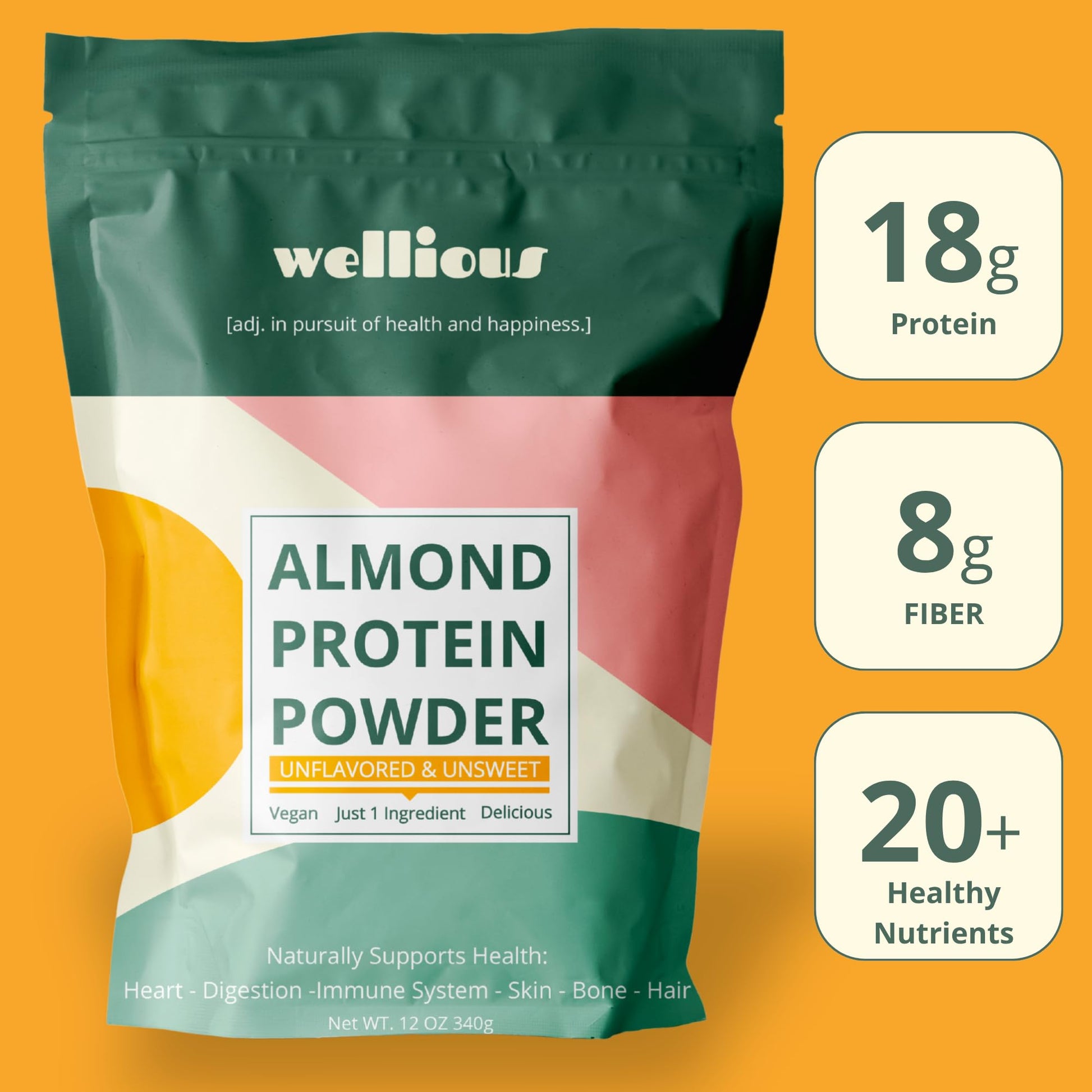 wellious Almond Protein Powder (Unflavored, Unsweetened) - 18 Grams of Pure Healthiest Vegan Protein for Women & Men | Soy-Free & Gut Friendly Protein wellious buy supplements canada