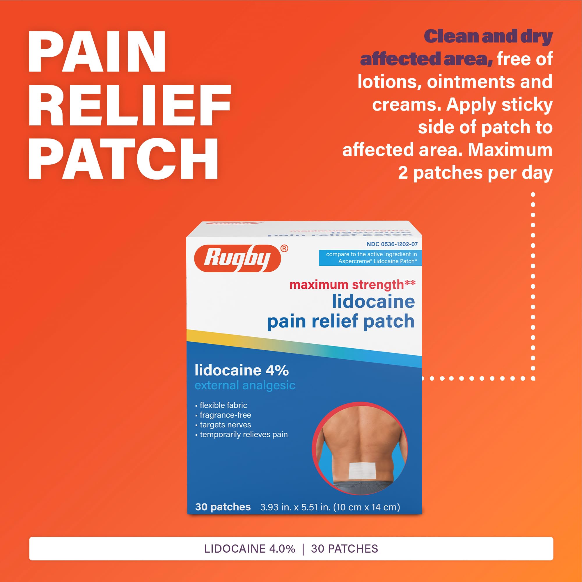 Rugby Maximum Strength Lidocaine Pain Relief Patch - 4% Lidocaine - Topical Anesthetic - Unscented - 30 Patches (1 Pack) RUGBY LABORATORIES buy supplements canada