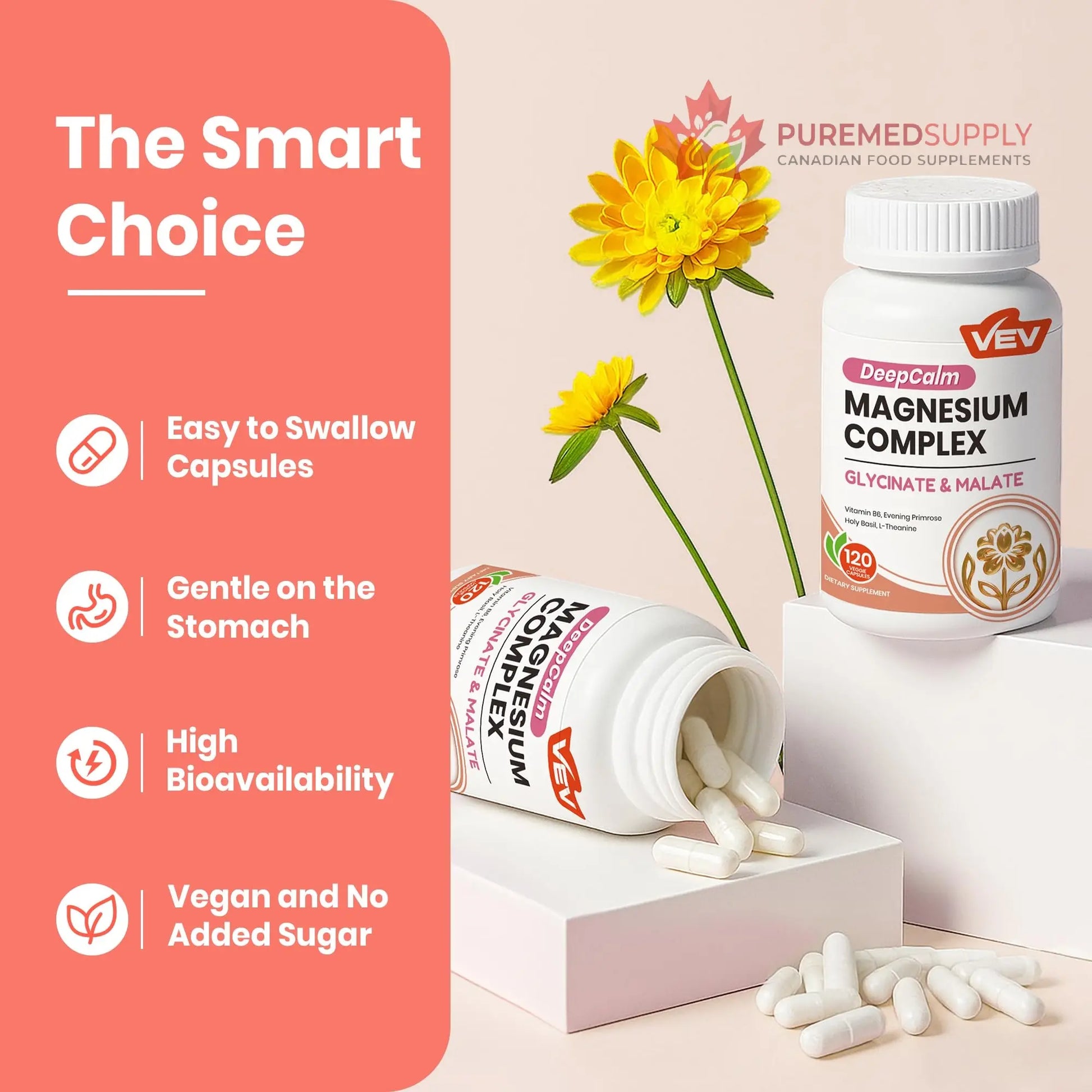 VEV Deep Calm Magnesium Complex for Women – Glycinate, Malate, B6, L-Theanine & Holy Basil – Support for Daily Magnesium & Stress Relief – 120 Vegan Capsules VEV buy supplements canada