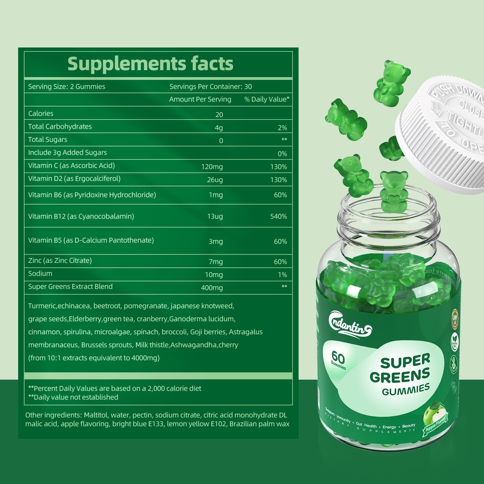 Multivitamin Super Greens Gummies - Daily Vegan Gummy Vitamins for Women, Apple Flavor | Organic Blend with Vitamin C, Turmeric, Zinc, Immune Support, Energy Booster, Metabolism | 60 Count CNDANTING buy supplements canada
