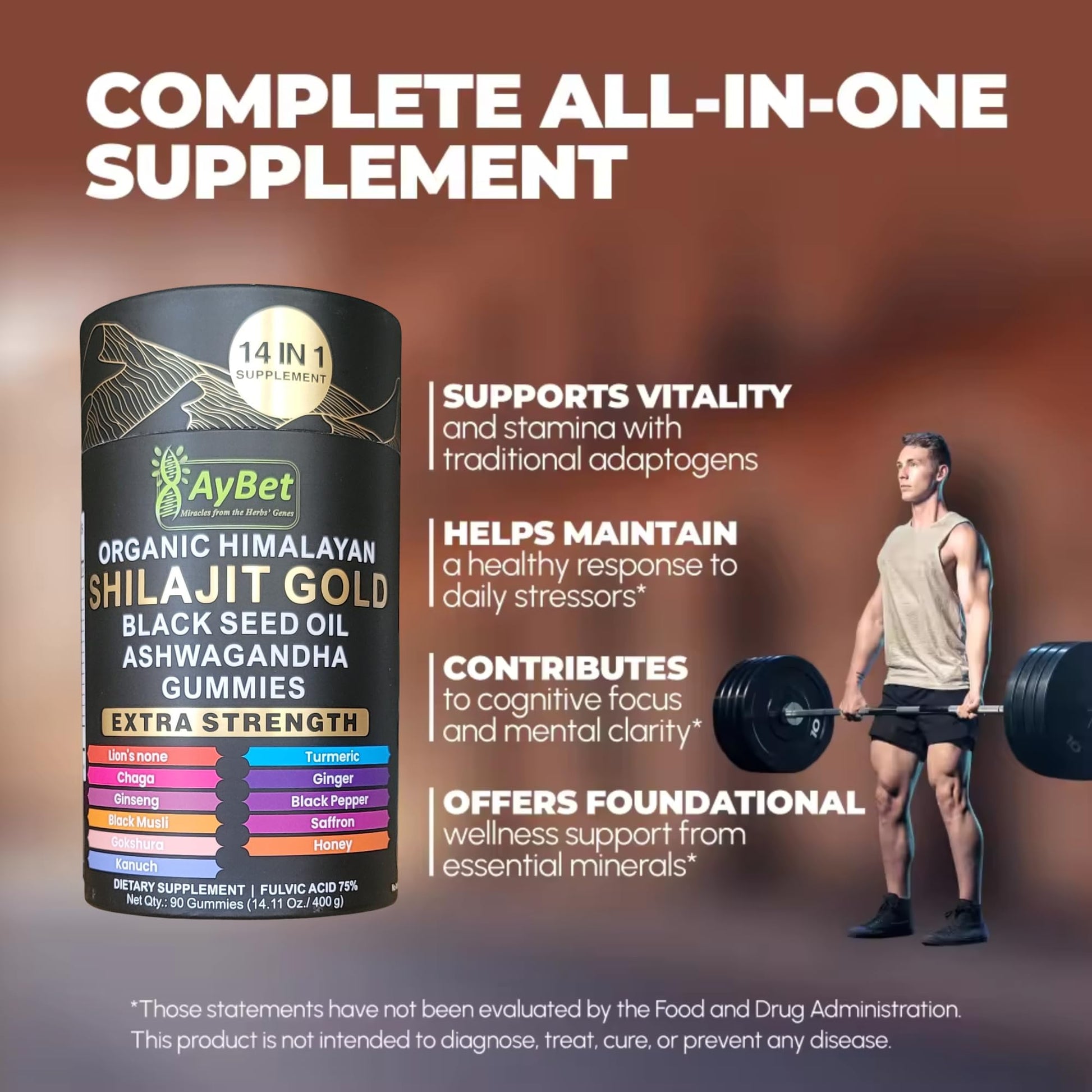 AyBet Organic Himalayan Shilajit Gold Gummies for Men and Women, Black Seed Oil, Ashwagandha, Ginseng, Turmeric, Gokshura, Lion's None, Lab Tested,%75 Fulvic Acid, No Sugar Added, Halal, 90Gummy AyBet buy supplements canada