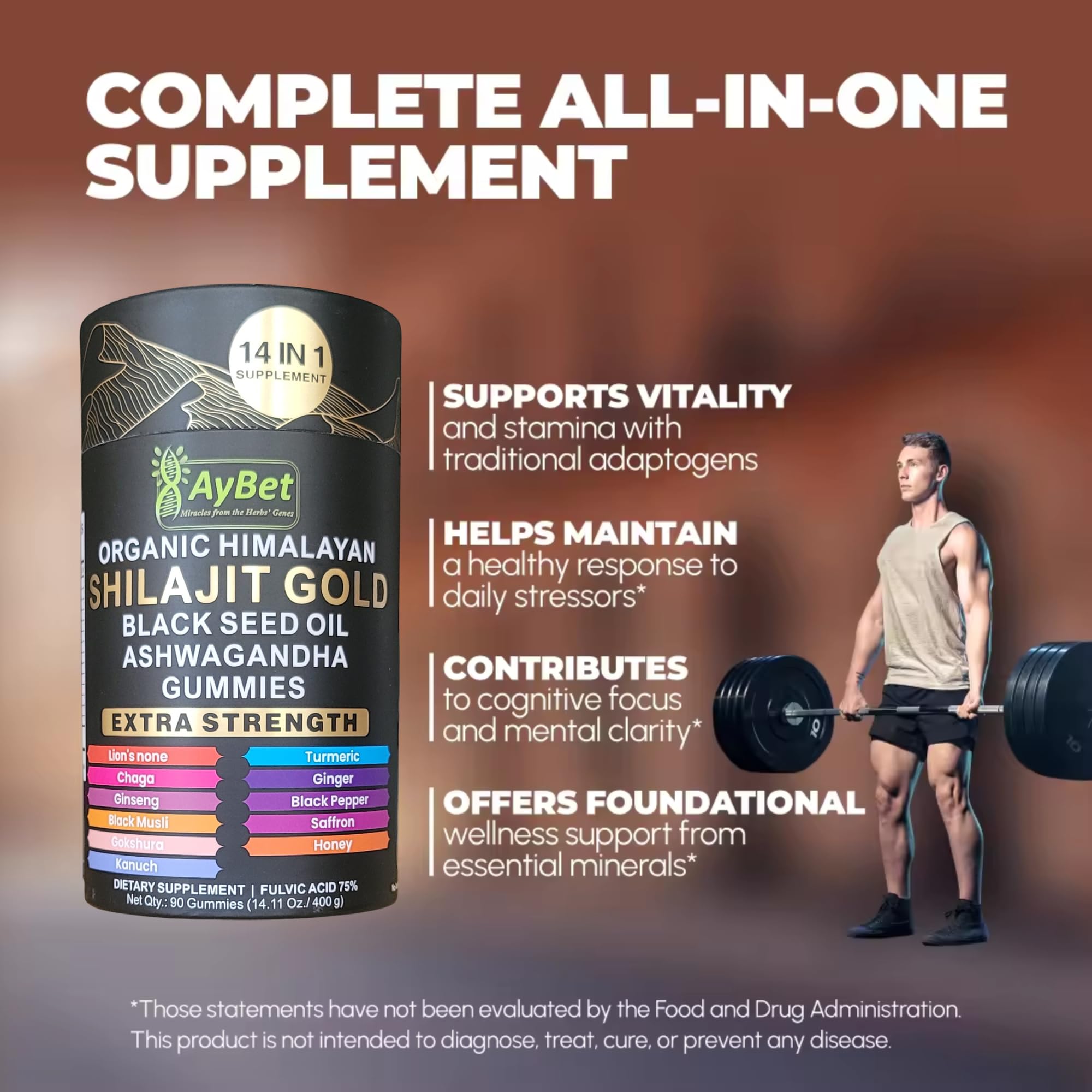 AyBet Organic Himalayan Shilajit Gold Gummies for Men and Women, Black Seed Oil, Ashwagandha, Ginseng, Turmeric, Gokshura, Lion's None, Lab Tested,%75 Fulvic Acid, No Sugar Added, Halal, 90Gummy AyBet buy supplements canada