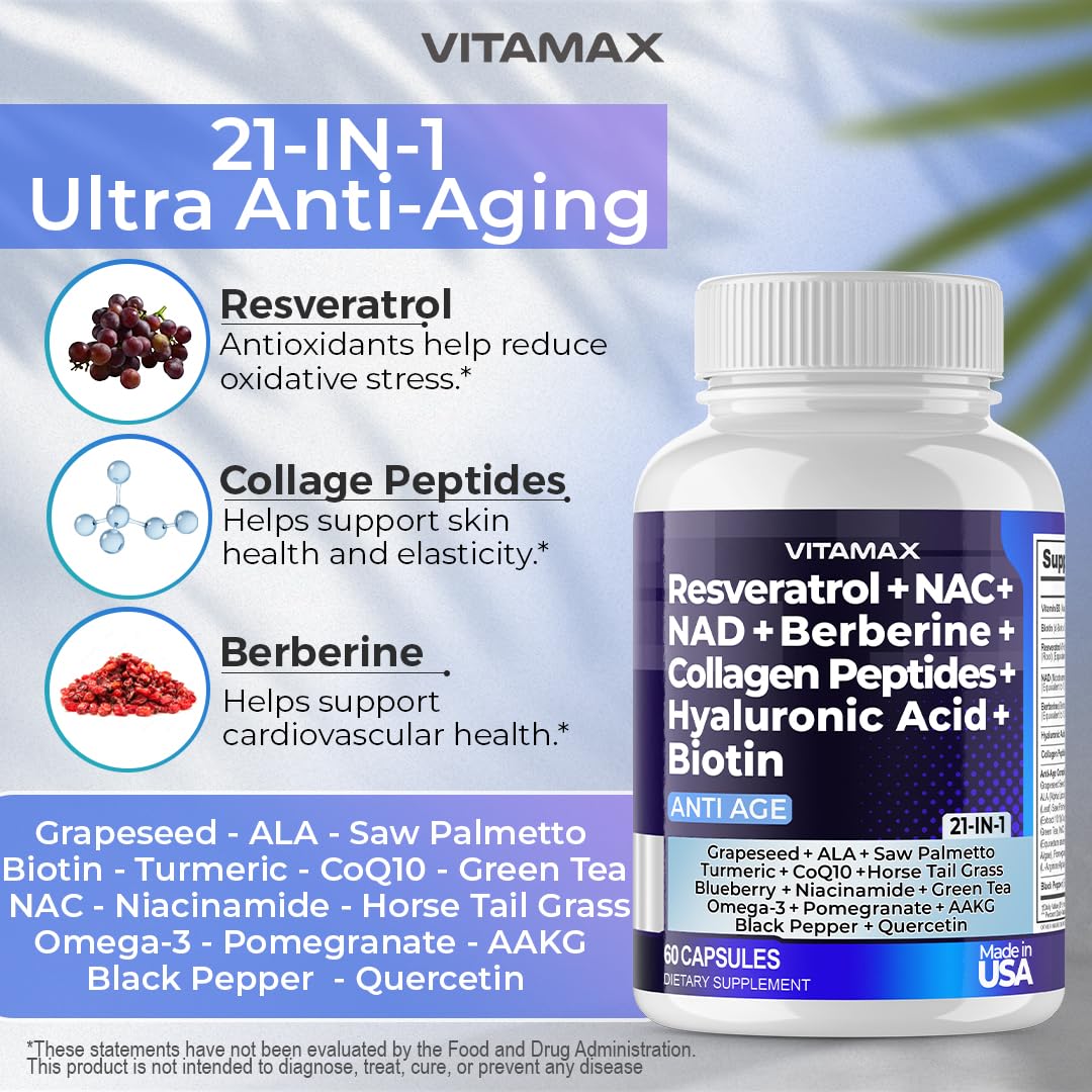 Resveratrol NAD+ Berberine Hyaluronic Acid - Biotin Grape & Blueberry + NAC - Collagen Peptides - Hair, Nail, Skin & Joint Supplement - 21-in-1 Women and Men Vitamax buy supplements canada