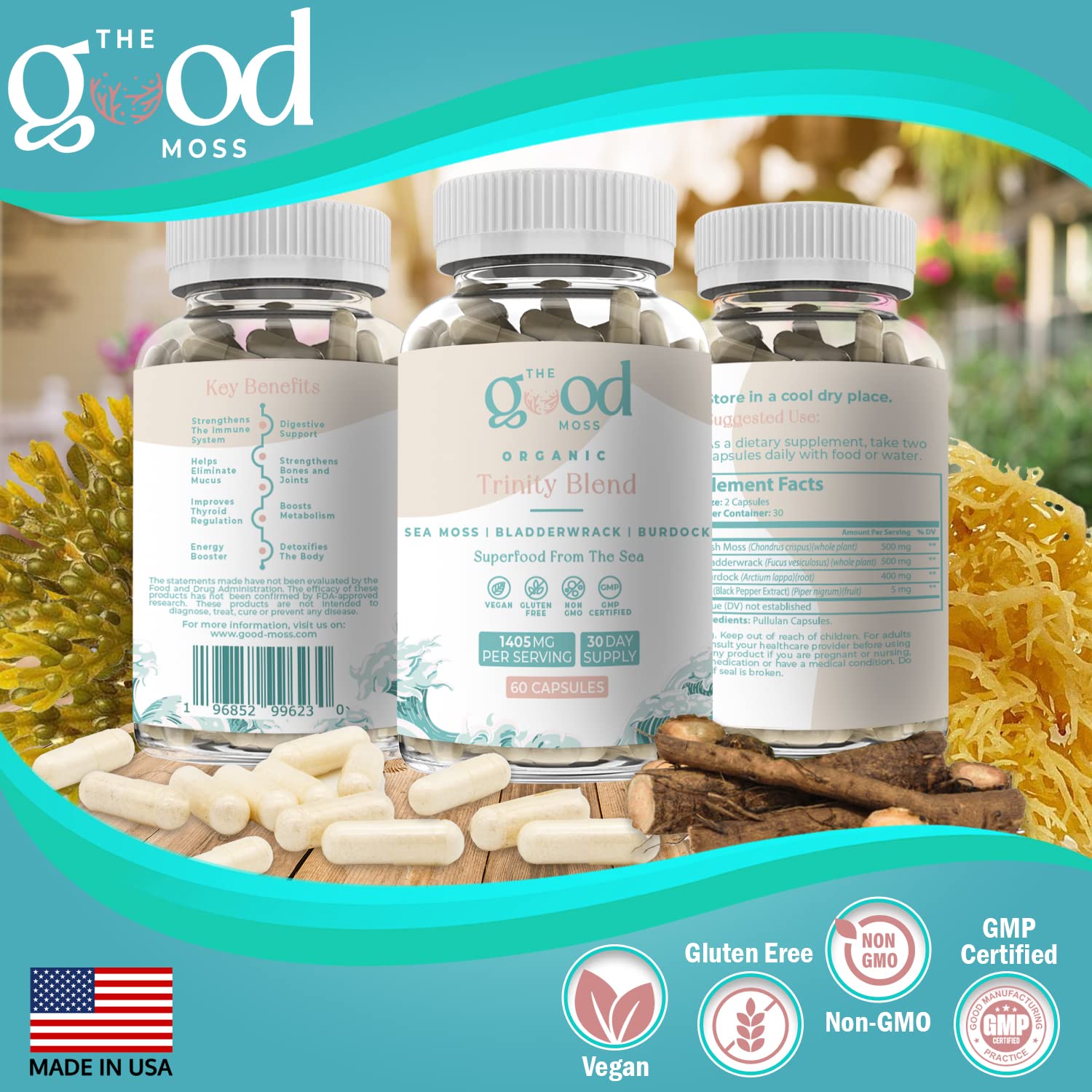 Trinity Blend Superfood -Sea Moss, Bladderwrack and Burdock Root Supplement for Overall Health Support, Hair, Skin and Nails 60ct The Good Moss buy supplements canada