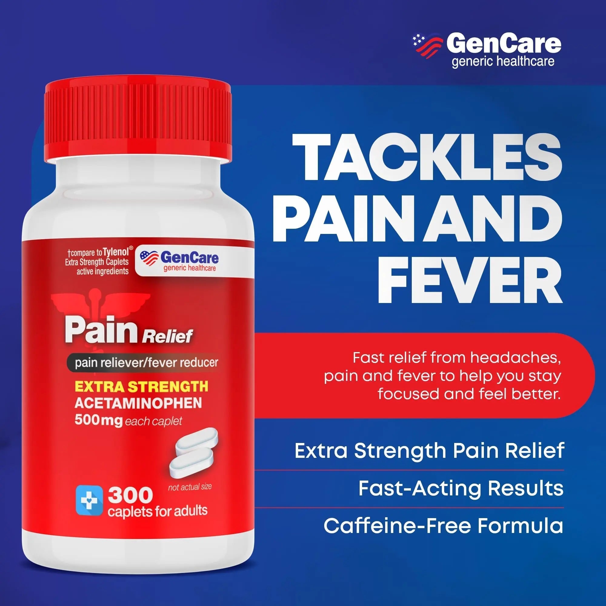 GenCare - Acetaminophen 500mg Extra Strength Pain Relief (300 Caplets) - Multi Symptom Pain Reliever for Headache, Sinus, Arthritis, Back Pain Muscle Ache, Toothache, Fever Reducer, Migraine GenCare buy supplements canada