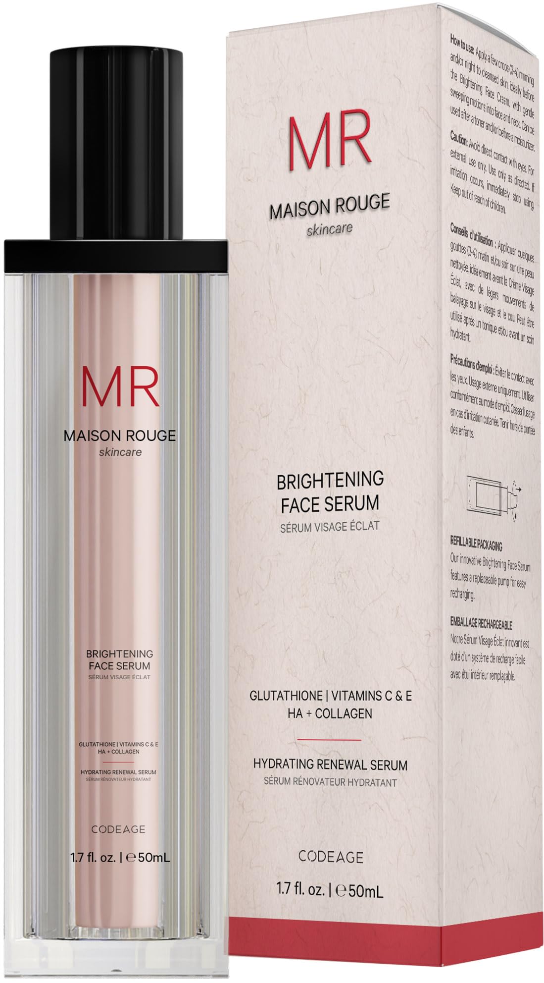 Maison Rouge Brightening Face Serum by Codeage - Glutathione Serum, Vitamin C, E, Hyaluronic Acid, Collagen - Radiance Enhancing - Parabens and Sulfates-Free - Refillable - All Skin Types - 1.7 fl oz Codeage buy supplements canada
