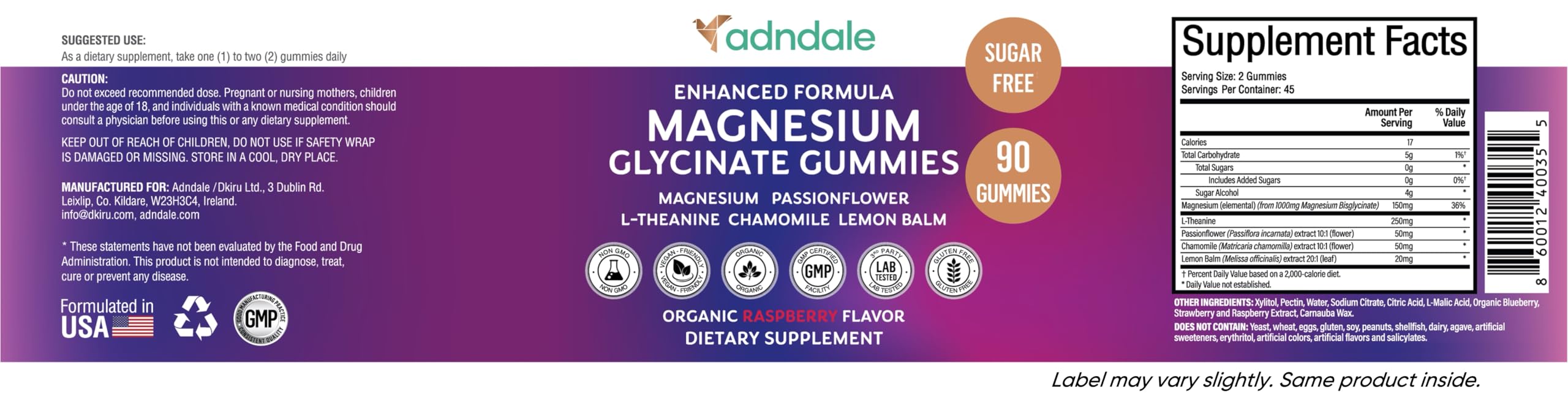 Adndale 90CT Magnesium Glycinate Gummies. Sugar Free Chews for Adults & Kids. Raspberry Flavour Adndale buy supplements canada