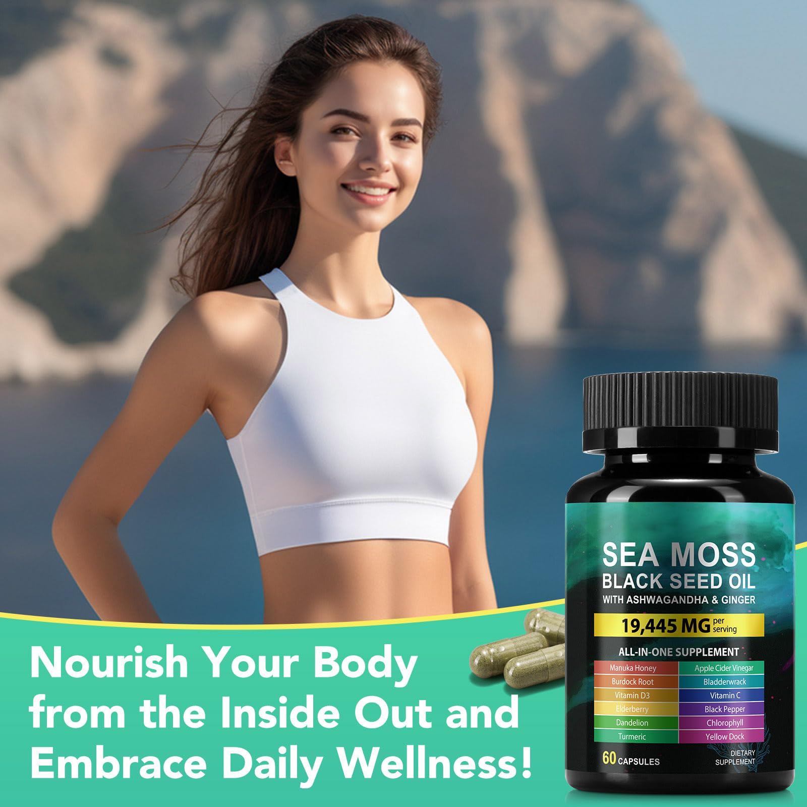 Sea Moss Black Seed Oil Ashwagandha Ginger Capsules, Seamoss Capsules Supplement with Bladderwrack Burdock & Vitamin C Vitamin D3 for Women & Men-Enhanced Immunity,60 Counts Vceeoy buy supplements canada