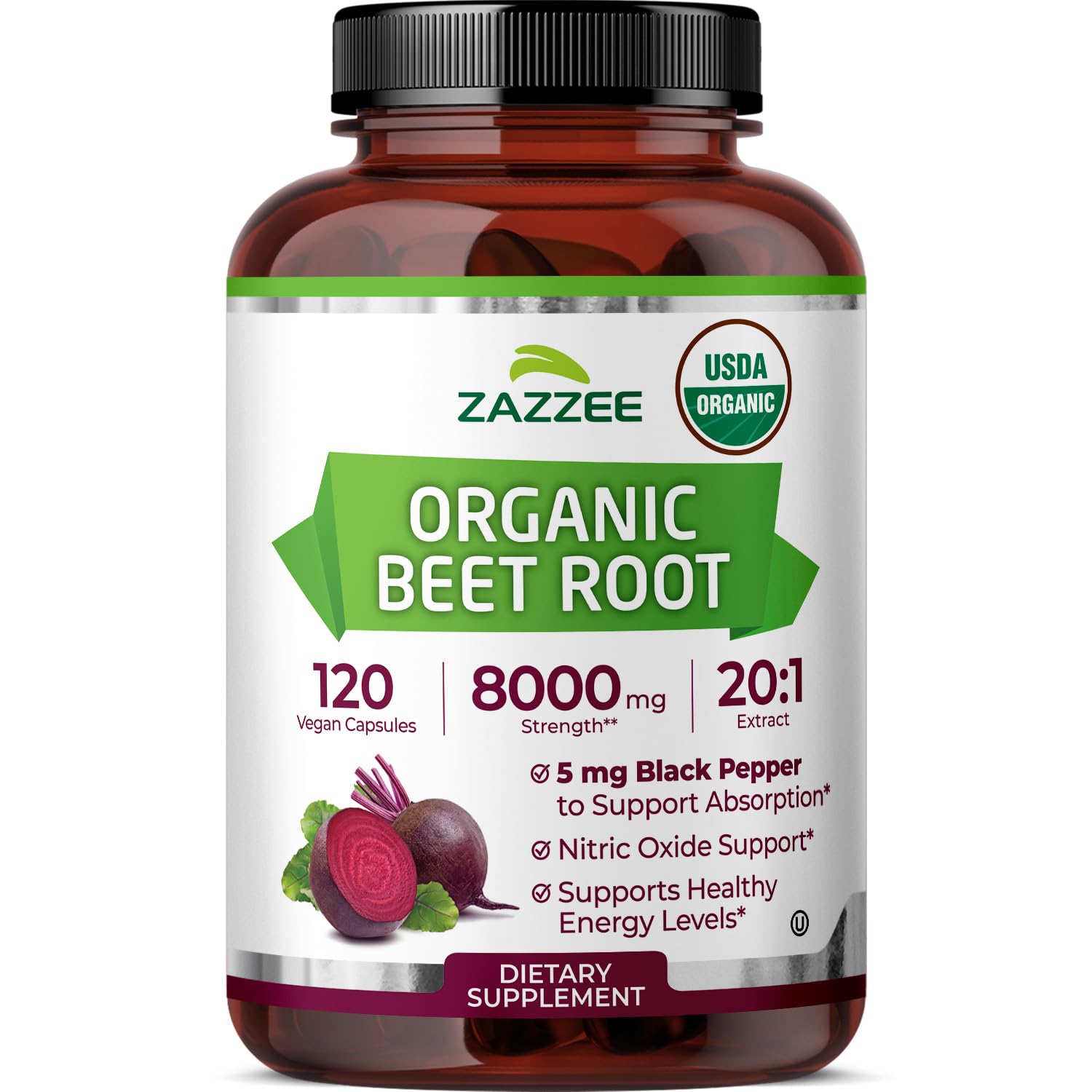 Zazzee USDA Organic Beet Root 20:1 Extract, 120 Vegan Quick Release Capsules, 4 Month Supply, Nitric Oxide Support, Black Pepper Extract for Enhanced Absorption Zazzee buy supplements canada