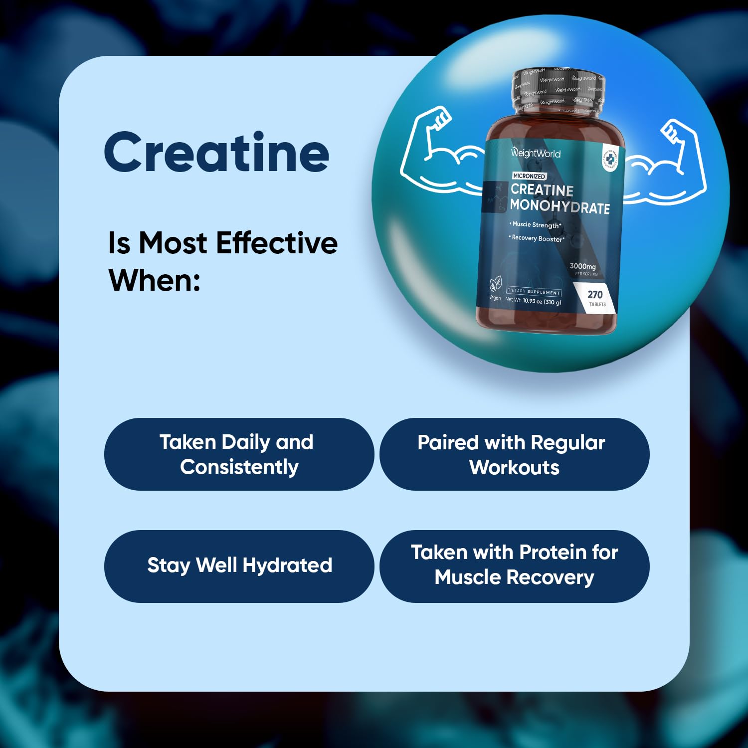 WeightWorld Micronized Creatine Monohydrate 3000mg Vegan Tablets | Muscle Strength & Recovery Booster | 3 Months Supply - 270 Tabs | Creatine for Women & Men | Non-GMO, Gluten-Free | 3 Tablets a Day WeightWorld buy supplements canada