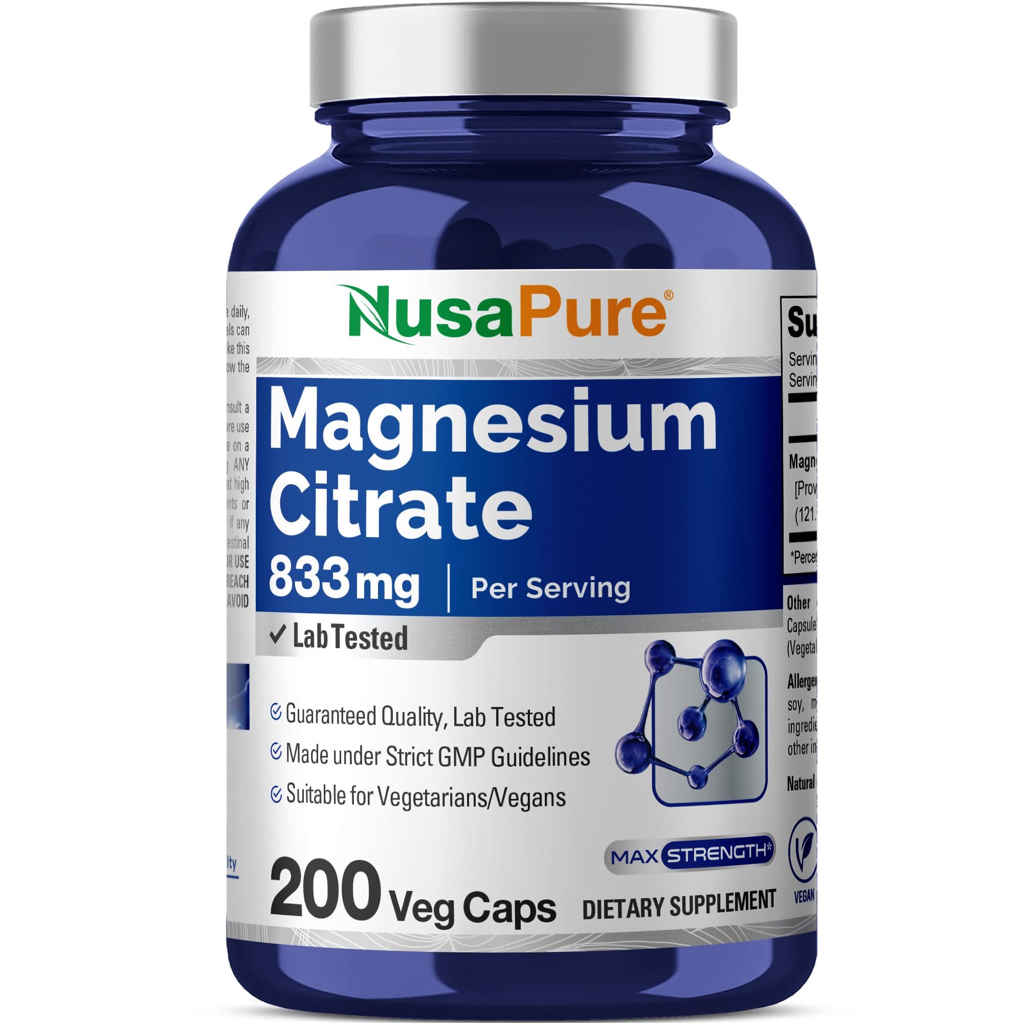 NusaPure Magnesium Citrate 833mg - 200 Veggie Capsules (Vegetarian, Non-GMO, Vegan) NusaPure buy supplements canada