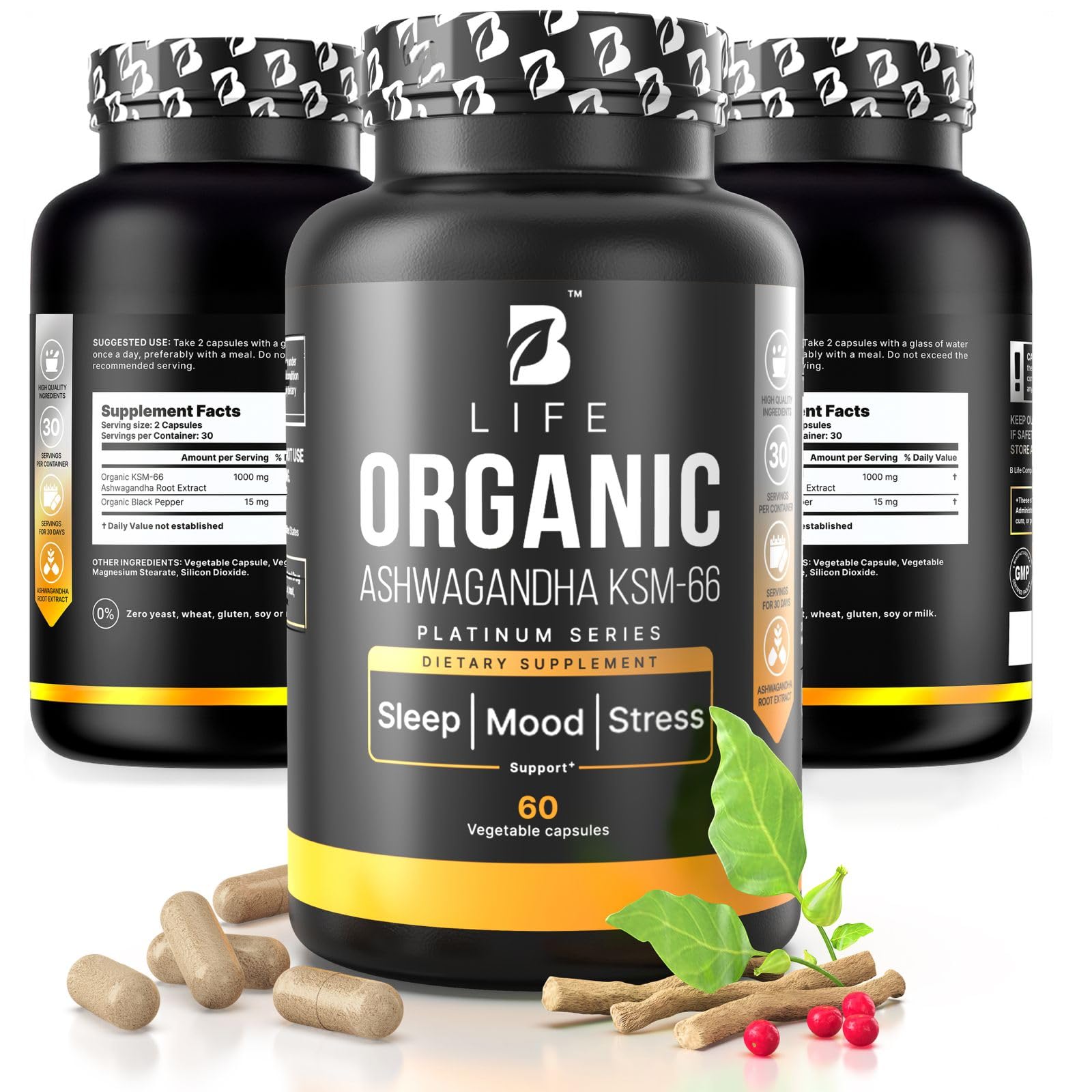 Organic Ashwagandha KSM-66 1000 mg Supplement | Adaptogen for Cortisol Support & Stress Relief | Mood, Calm & Sleep Aid for Men & Women | Ashwagandha ritual vitamins for women | 60 Vegan Caps B Life Company buy supplements canada
