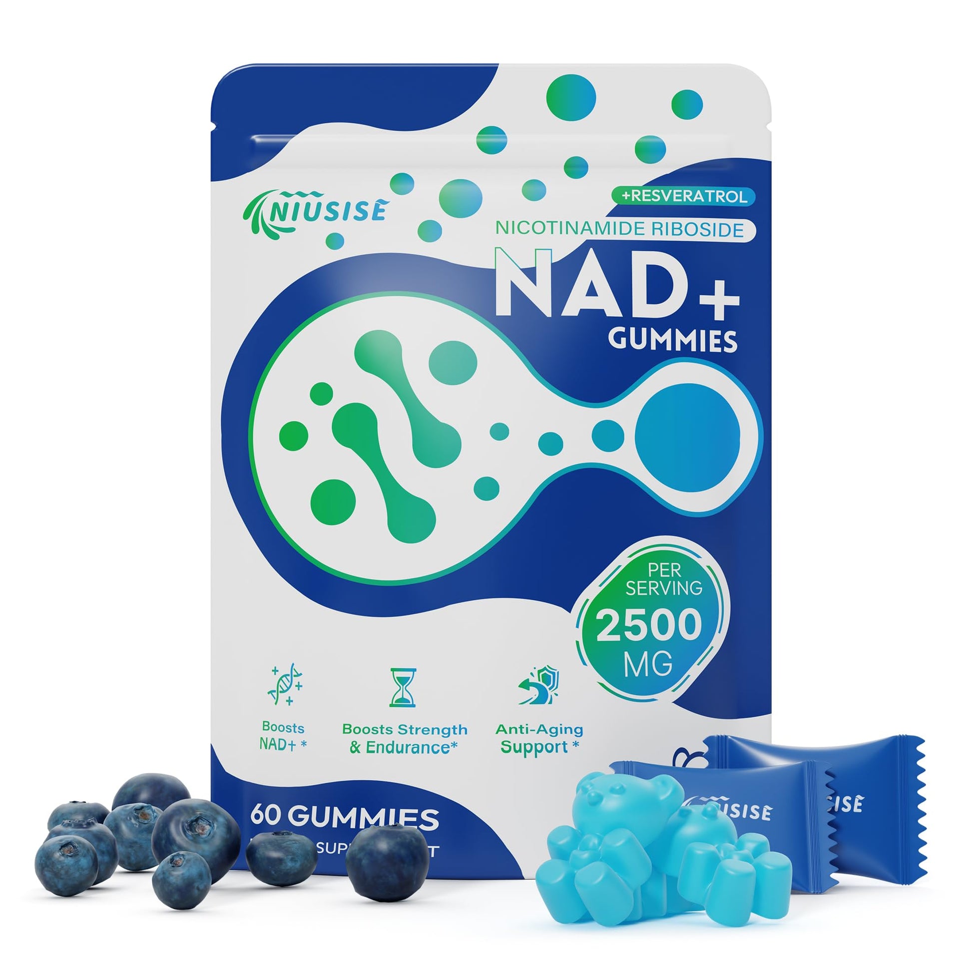 NIUSISE NAD Gummies Sugar Free, NAD+ Supplement with Liposomal Nicotinamide Riboside, Resveratrol, Quercetin, NAD Supplement for Anti-Aging, Energy, Cellular Health, Blueberry Flavor, 60 Gummies NIUSISE buy supplements canada