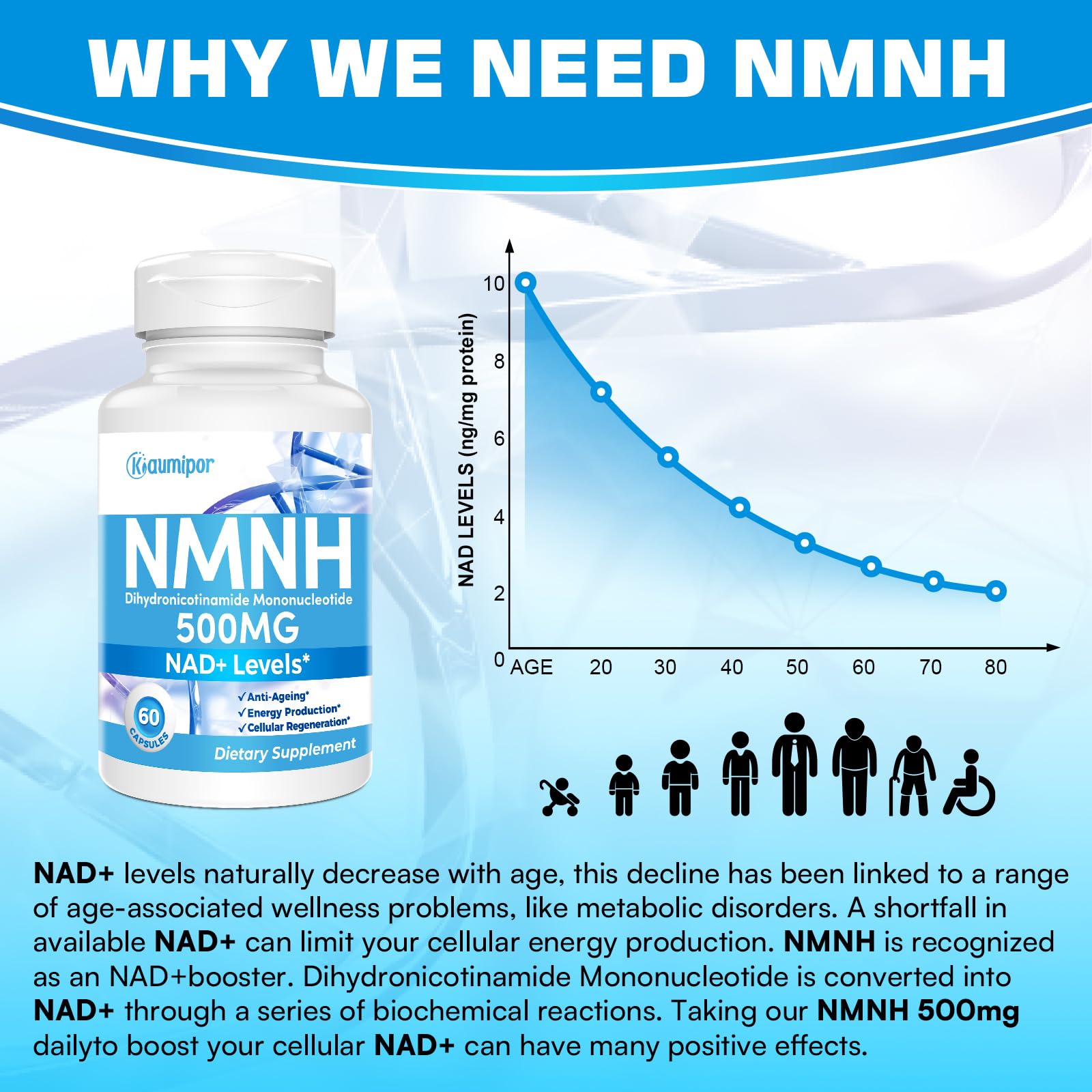 Kaumipor NMNH (Dihydronicotinamide Mononucleotide) NMN Alternative Supplement, 500 mg Per Serving NAD Supplement to Boost NAD+ Levels, for Anti Aging, Energy, Immunity, Focus, 60 Vegan Capsules Kaumipor buy supplements canada