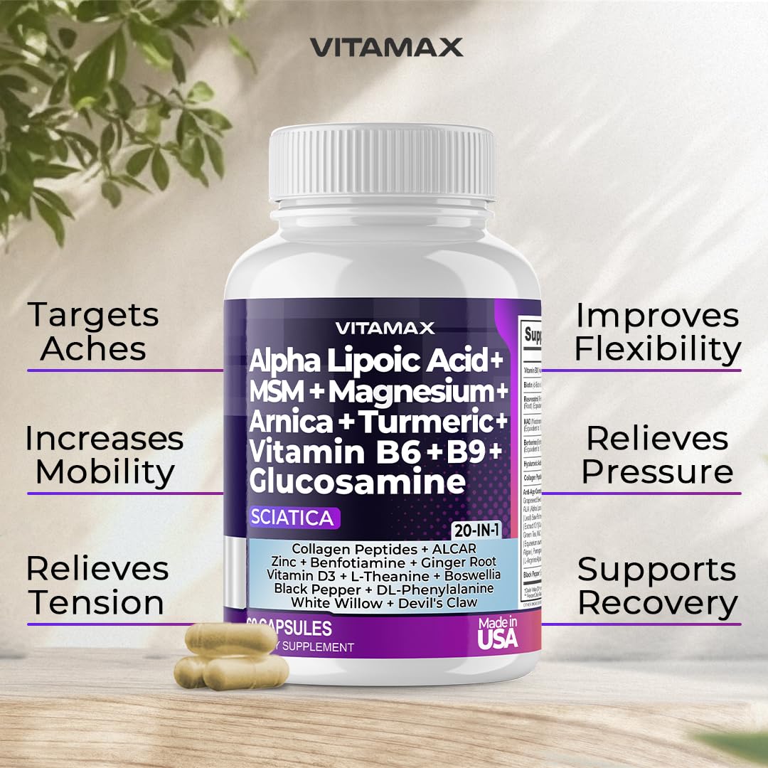 Sciatic Nerve Health Support - Sciatic Nerve Supplement Capsules with Folic Acid, Pea, Glucosamine, MSM, Vitamin B Complex, Alpha Lipoic Acid 300mg – 60ct – Made in USA Vitamax buy supplements canada