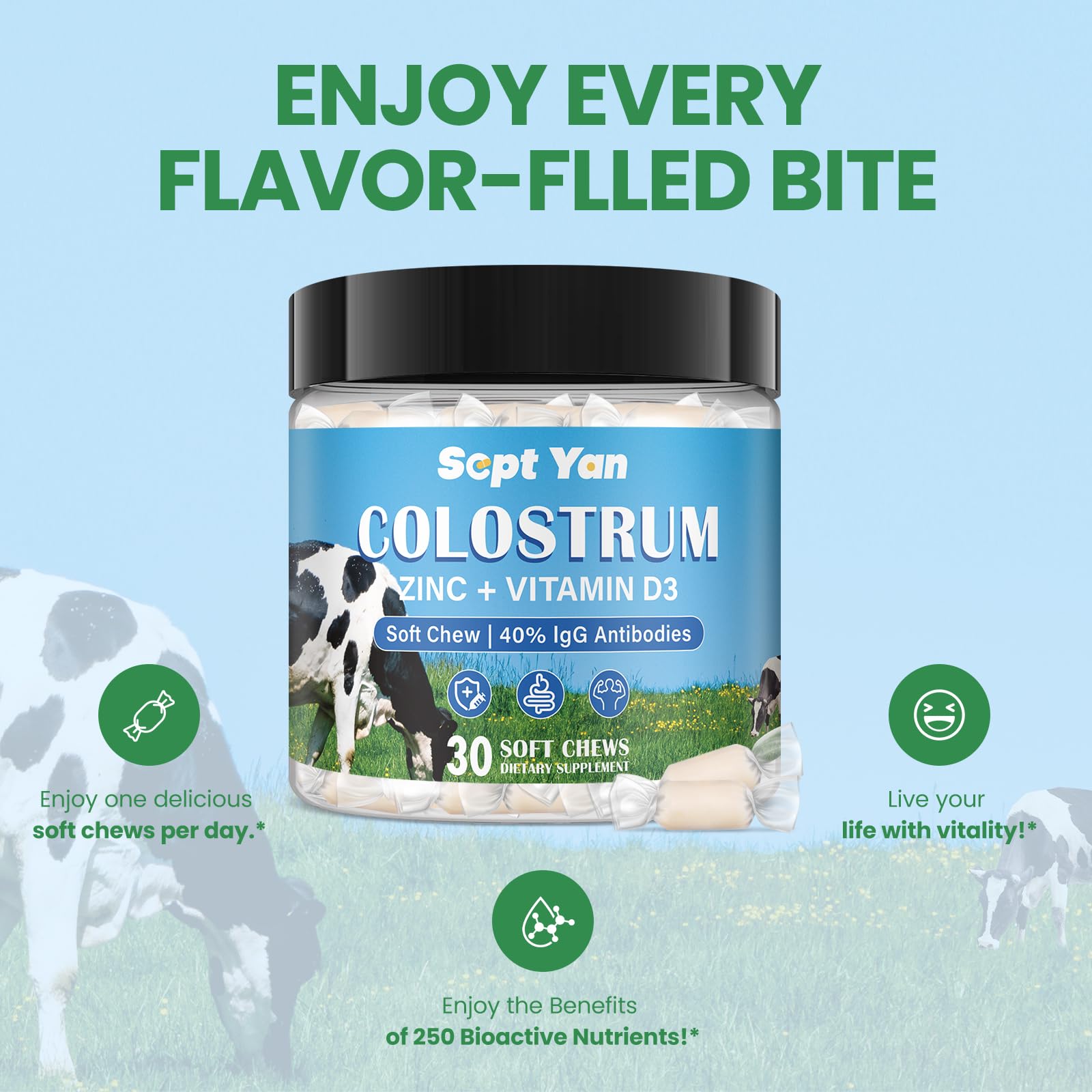 Colostrum Soft Chew Supplement (3000mg + 40% IgG), Concentrated Bovine Colostrum SEPT YAN buy supplements canada