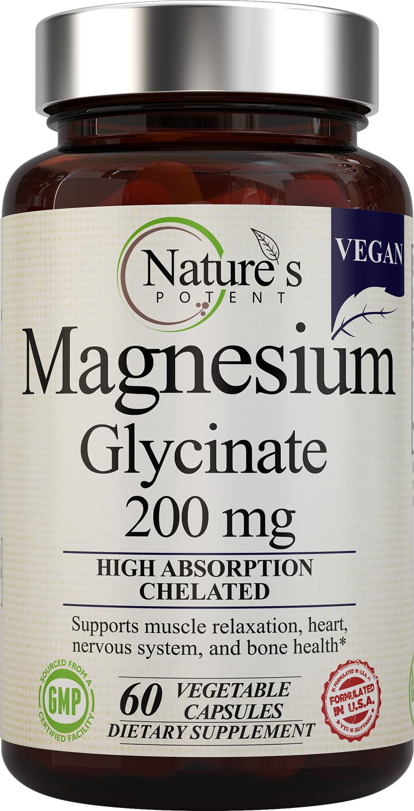 Nature’s Potent Magnesium Glycinate 200mg | High Absorption Chelated Magnesium | Sleep, Calm & Muscle Cramp Support | Vegan Supplement | 60 Capsules Nature's Potent buy supplements canada
