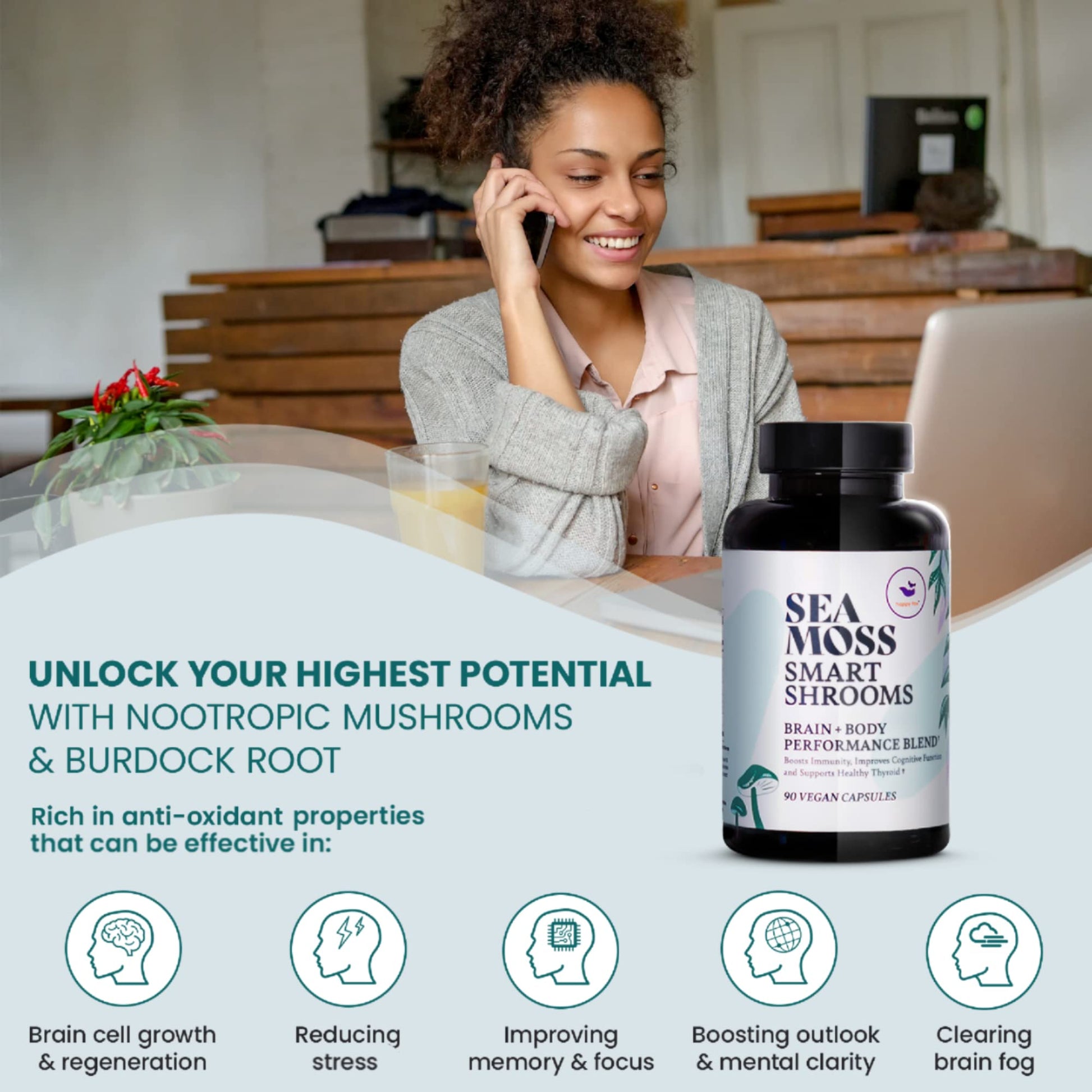 HAPPY FOX Irish Sea Moss Capsules & Mushroom Complex - Organic Seamoss with Adaptogens for Brain Health, 1500mg, 90 Vegan Capsules, Organic Mushroom Supplement HAPPY FOX buy supplements canada
