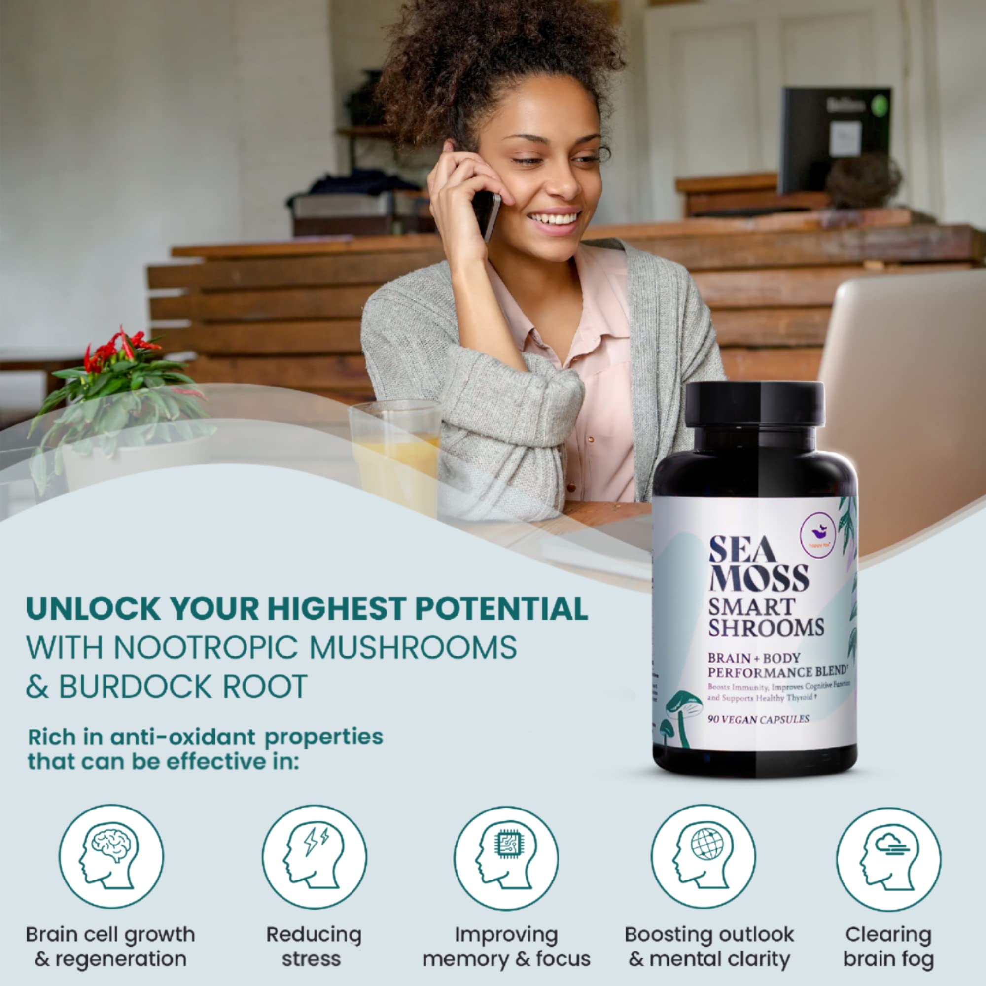 HAPPY FOX Irish Sea Moss Capsules & Mushroom Complex - Organic Seamoss with Adaptogens for Brain Health, 1500mg, 90 Vegan Capsules, Organic Mushroom Supplement HAPPY FOX buy supplements canada