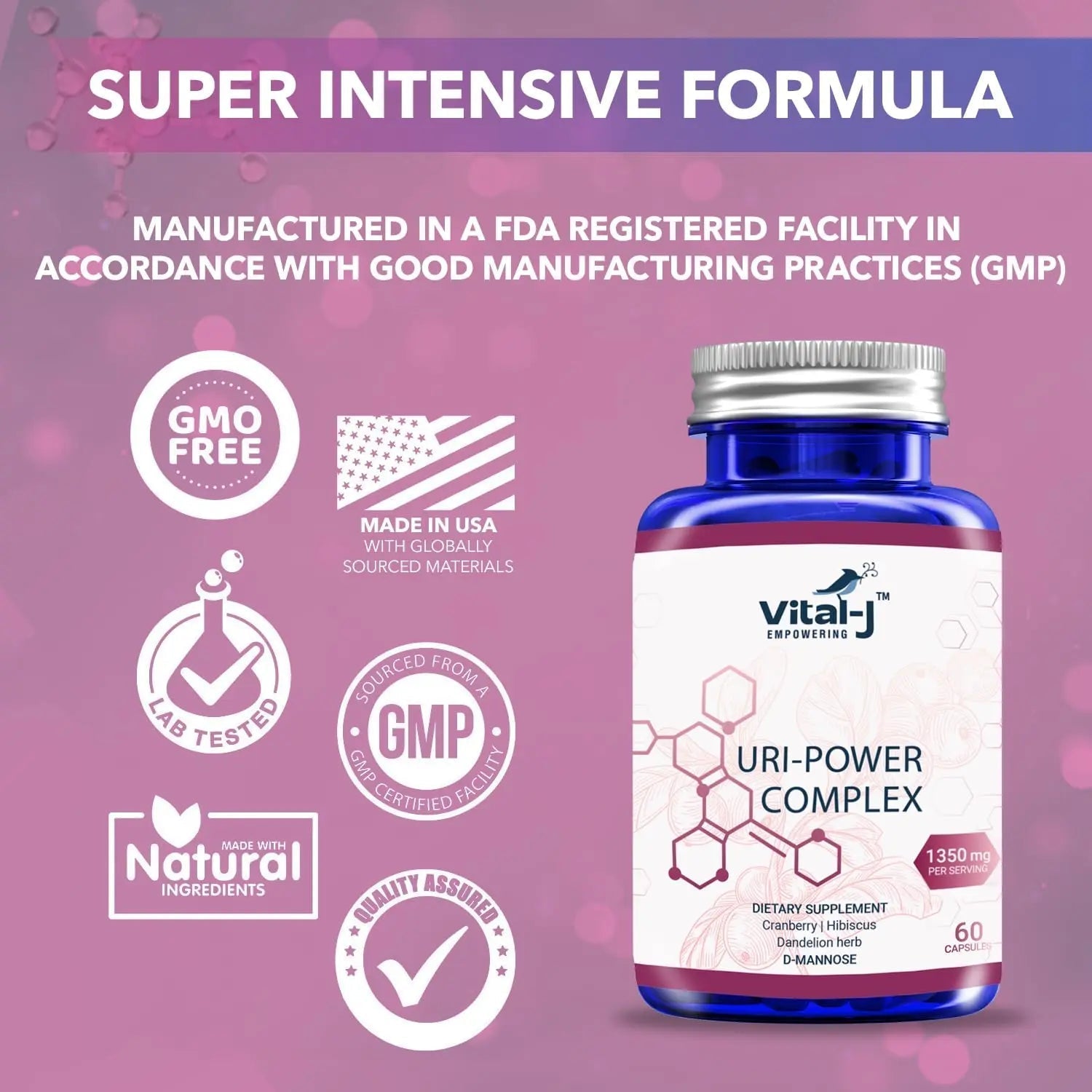 4-IN-1 URI POWER COMPLEX 1350mg - D Mannose, Cranberry, Hibiscus, and Dandelion Herb - Naturally Cleanse the Bladder and Urinary Tract 60 capsules – Specialized Approach for UTI Avoidance Vital-J Empowering buy supplements canada