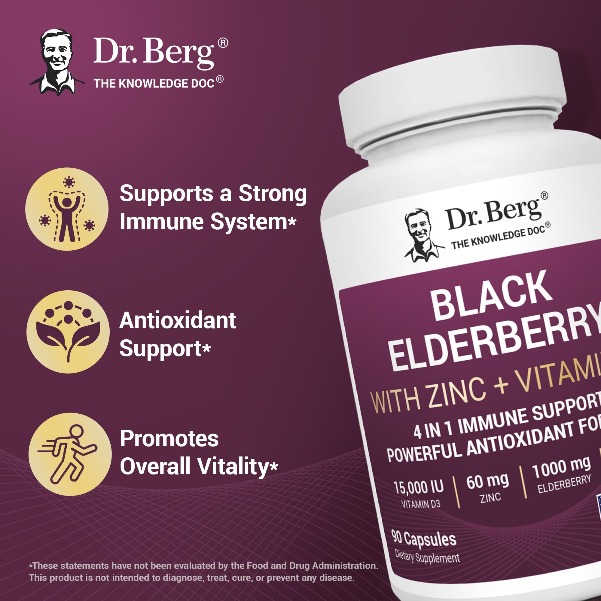 Dr. Berg Black Elderberry Capsules (Advanced Immune Support*) with 15,000 IU Vitamin D, 60 mg of Zinc, & 90 mg of Camu Camu - (4-in-1) Sambucus Elderberry Immune Support Supplement - 90 Capsules Dr. Berg Nutritionals buy supplements canada
