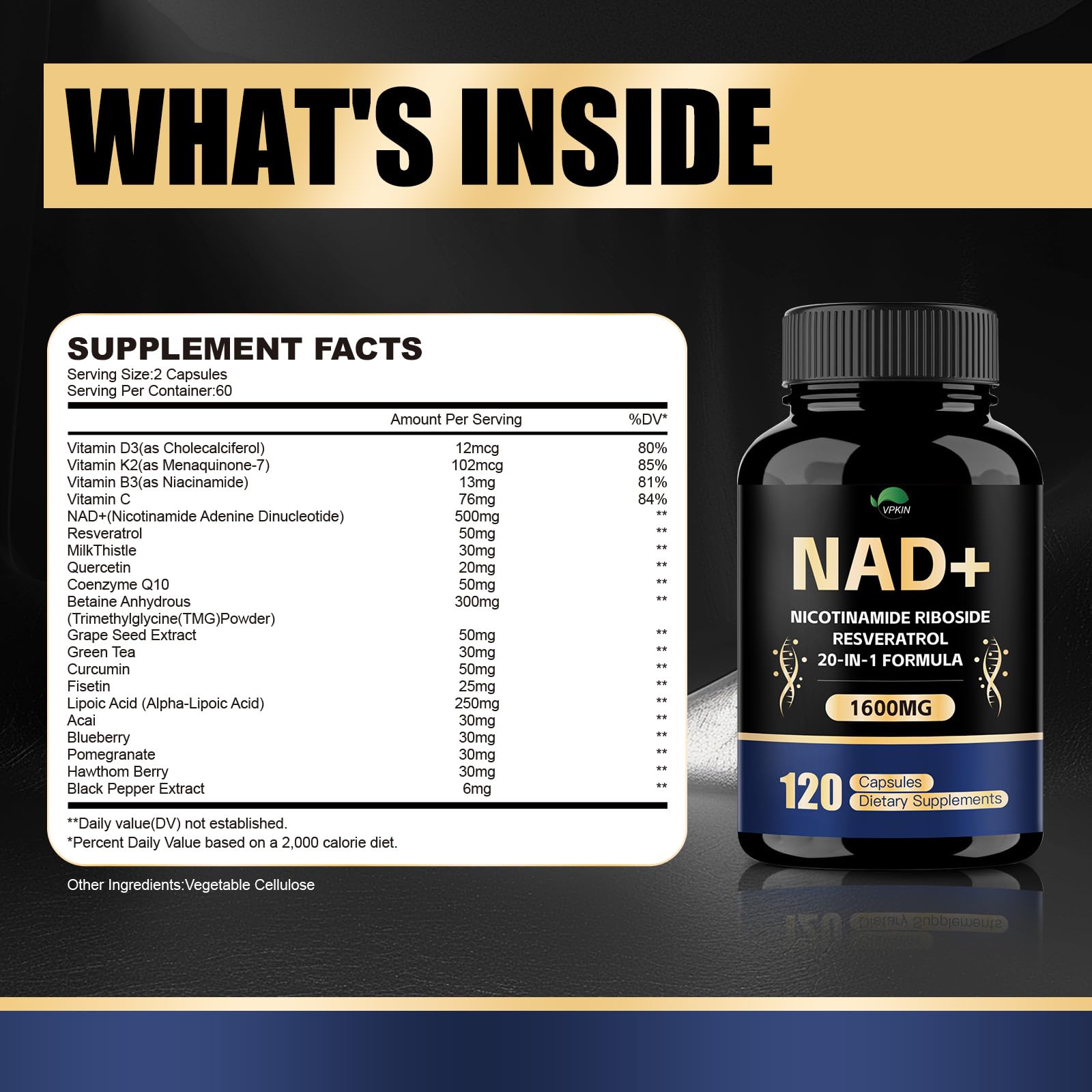 VPKIN NAD Supplement,1500mg NAD+ Supplement with Resveratrol,Nicotinamide,Quercetin,CoQ10,Support Energy & Repair, Vitality,Non-GMO, No Fillers(120 Capsules) VPKIN buy supplements canada