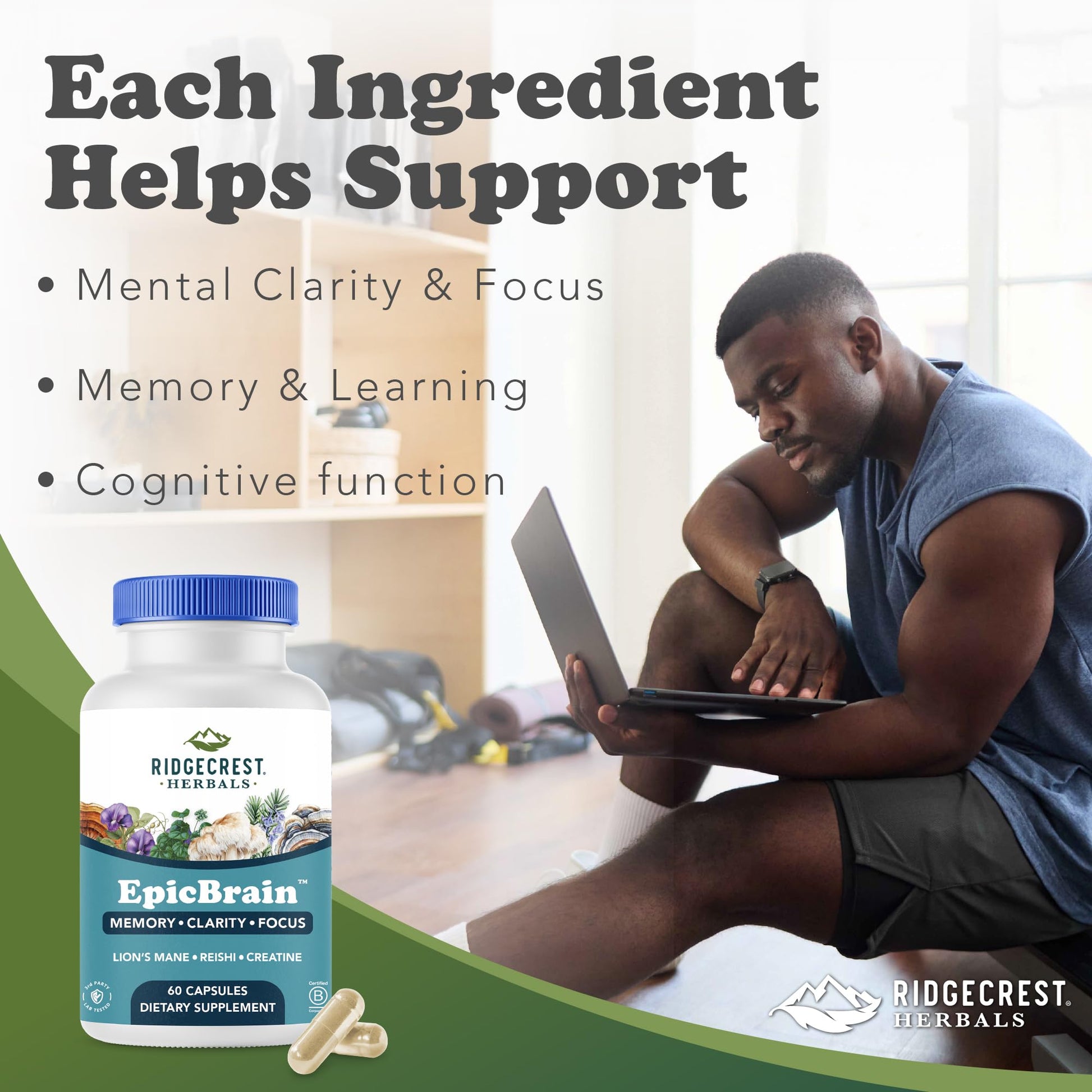RidgeCrest Herbals EpicBrain, Natural Brain Support Supplement with Creatine Monohydrate, Lion's Mane, Reishi, Supports Mental Clarity, Memory, Focus, Stimulant-Free Nootropic (60 Count, 30 Servings) RidgeCrest Herbals buy supplements canada