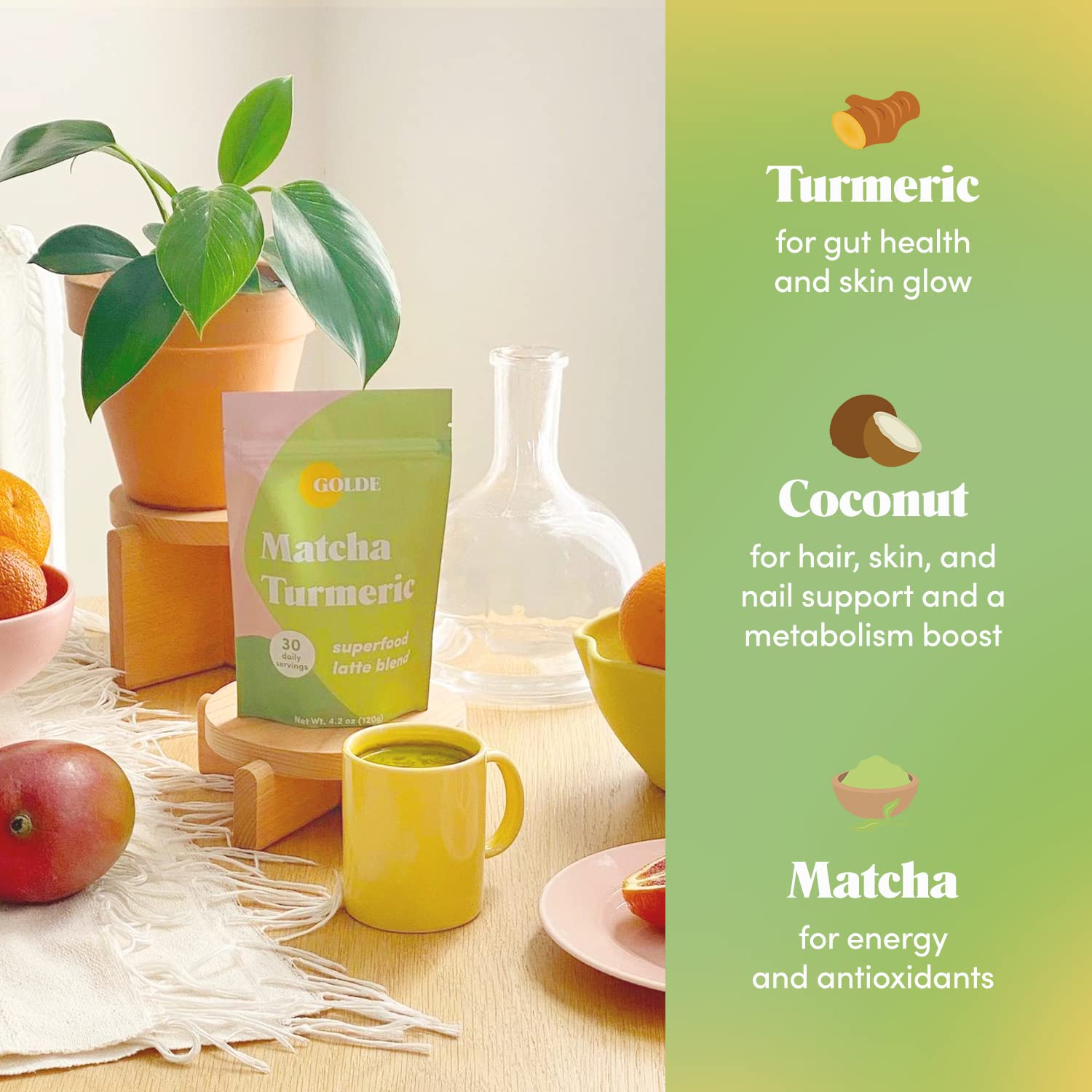 GOLDE - Superfood Latte Blend - Matcha Turmeric - Plant-Based w/Turmeric, Coconut, & Matcha - Stress Balance - Vegan, Keto, & Sugar-Free - 30 Servings GOLDE buy supplements canada