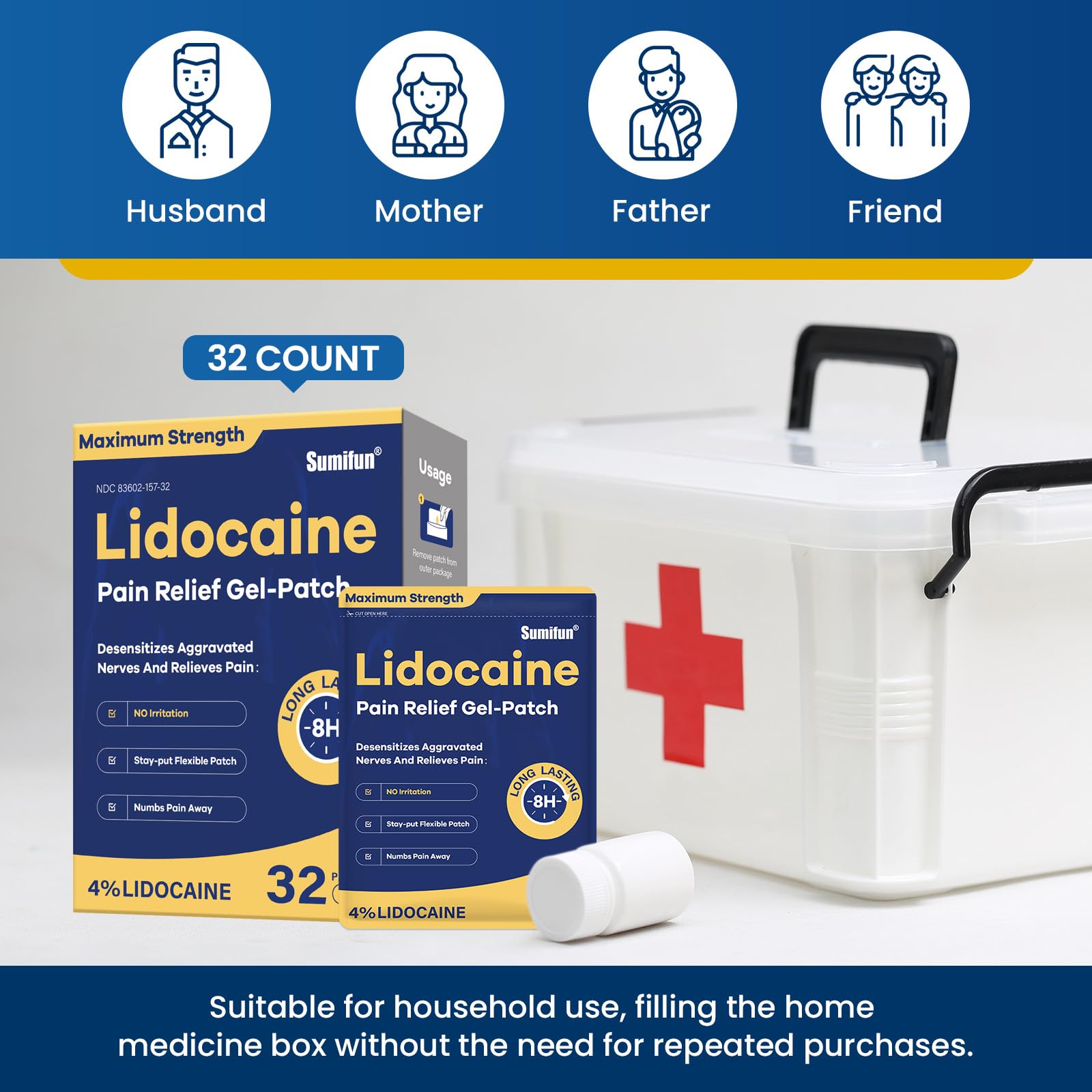 Sumifun 4% Lidocaine Patches Maximum Strength- Pain Relieving Gel Patch for Back, Shoulder, Muscle, Knee Pain Relief,Neck & Joint Pains-Numbs Away Pain, Apply for Up to 8 Hours (Large, Count, 32) Sumifun buy supplements canada