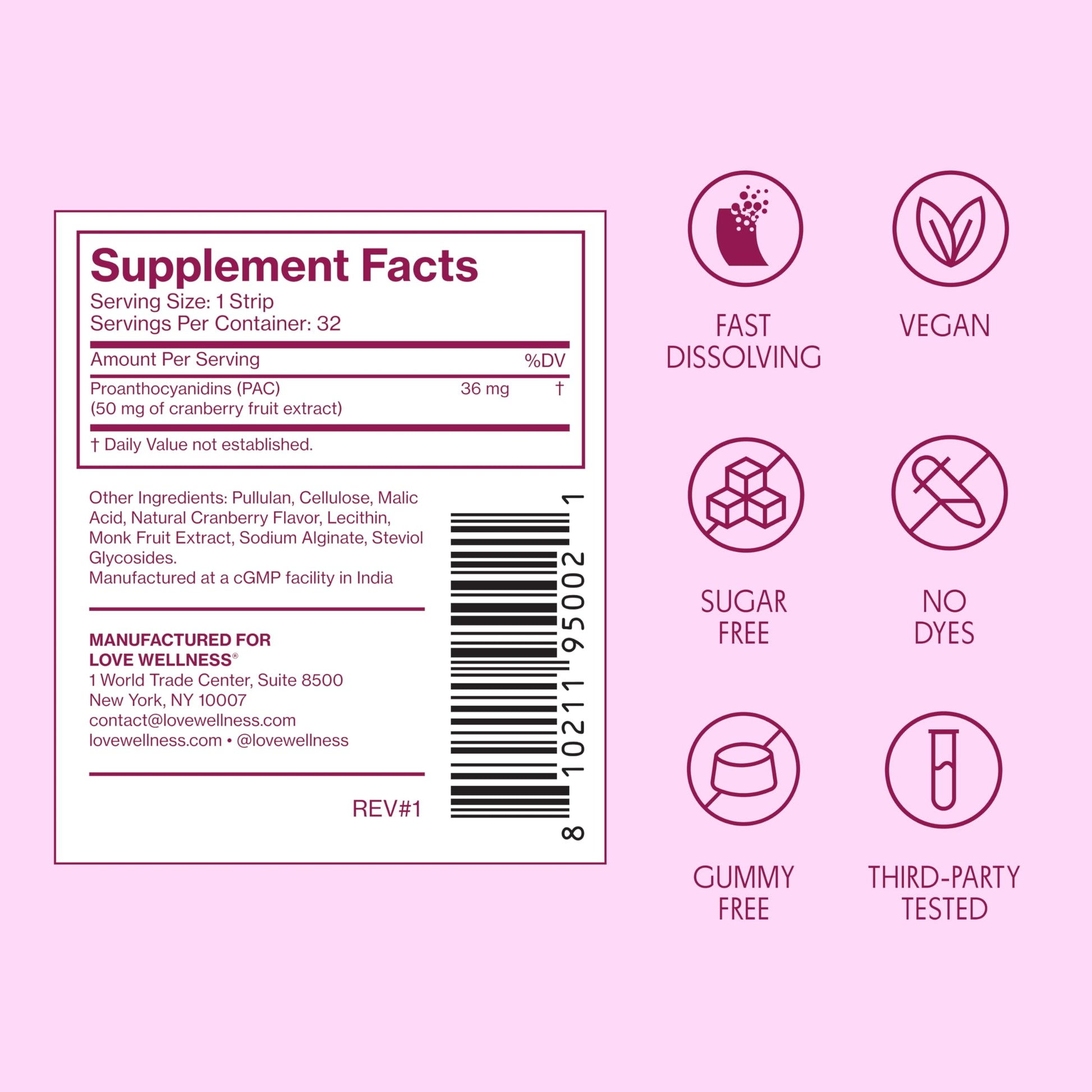 Love Wellness Urinary Tract* Quick Melt Strips - Fast-Dissolving UT Support with 36 mg PACs from Cranberry Fruit Extract - Promotes Urinary Health* - No Water Needed - Vegan and Sugar Free - 32 Strips Love Wellness buy supplements canada