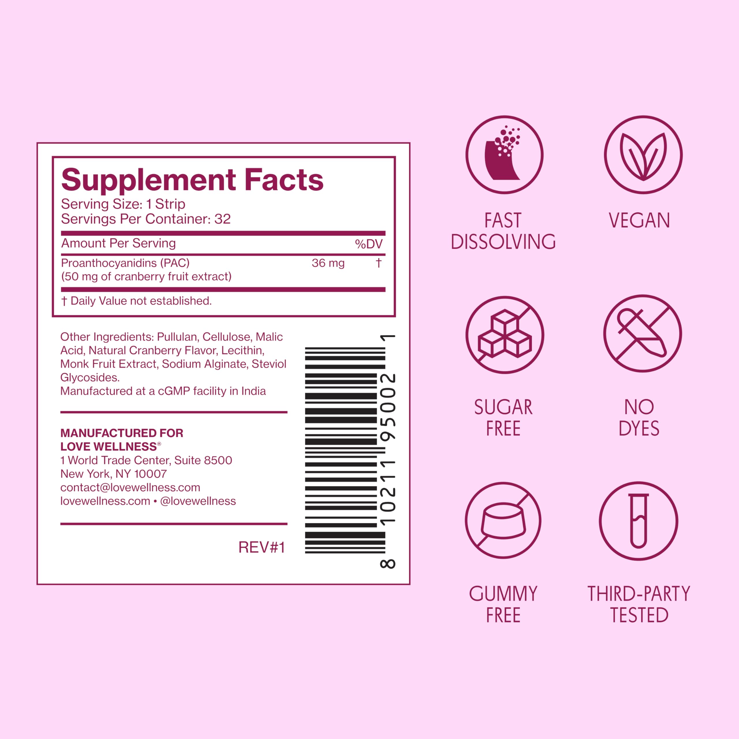Love Wellness Urinary Tract* Quick Melt Strips - Fast-Dissolving UT Support with 36 mg PACs from Cranberry Fruit Extract - Promotes Urinary Health* - No Water Needed - Vegan and Sugar Free - 32 Strips Love Wellness buy supplements canada