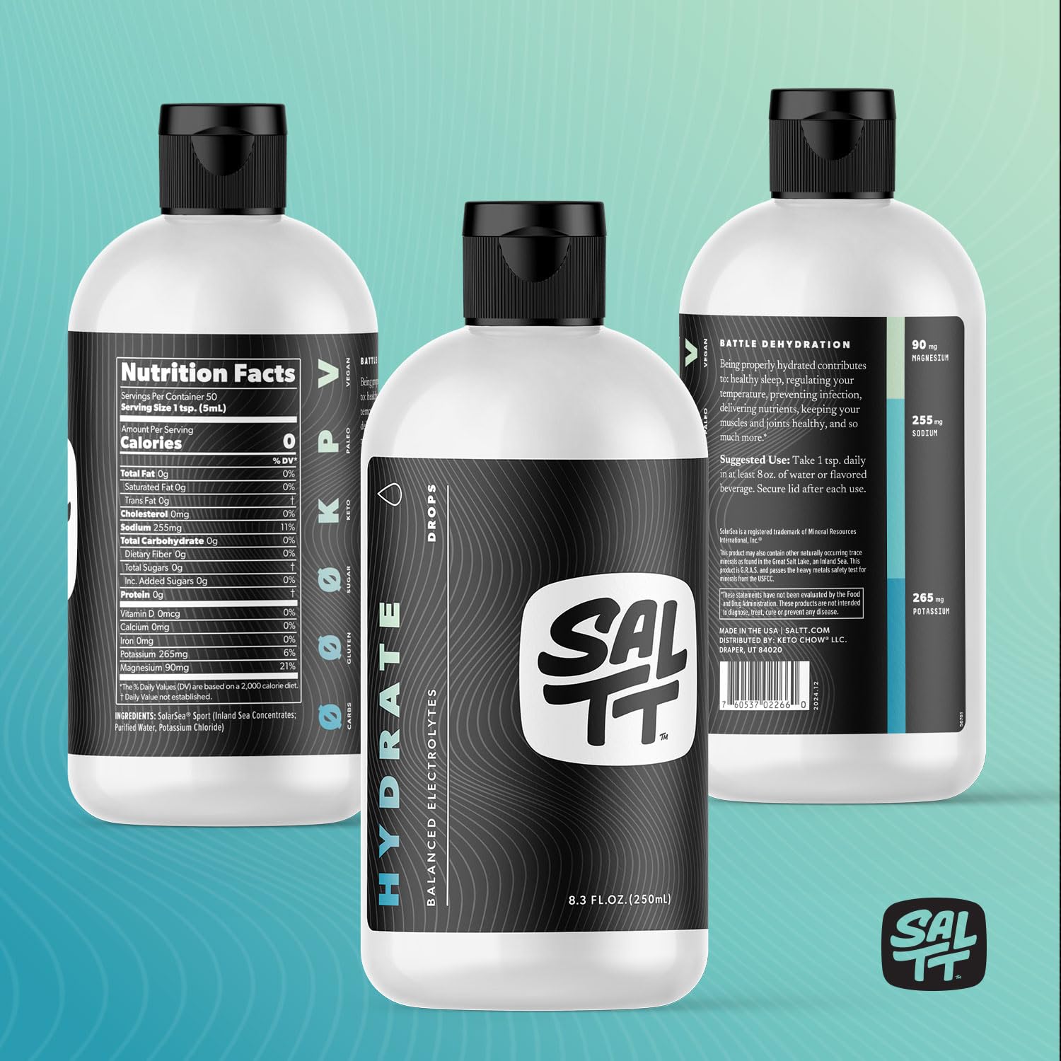 SALTT - Hydrate (8.3 oz) - Electrolytes Drops - Energy Boost - Sodium, Potassium, Magnesium, Zinc, Copper - Unflavored - Ultra Low Carb - Zero Sugar, Vegan, Gluten Free, Non GMO - By Keto Chow Keto Chow buy supplements canada