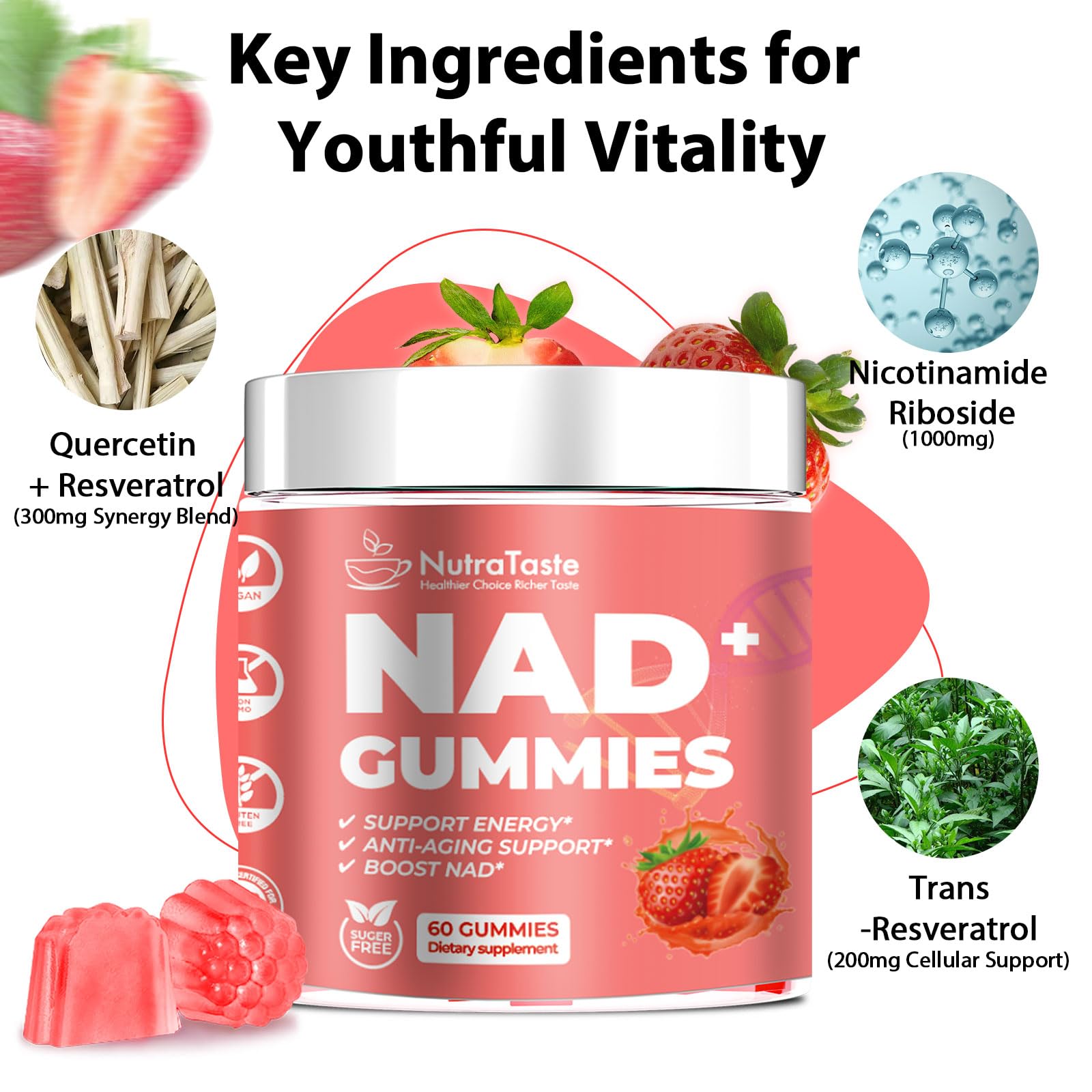 NUTRATASTE HEALTHIER CHOICE RICHER TASTE NAD⁺ Gummies Supplement for Anti-Aging, Energy & Focus Boost | Resveratrol, Nicotinamide Riboside | Strawberry Flavor, Vegan, Sugar-Free,60 Count (Pack of 1) NUTRATASTE HEALTHIER CHOICE RICHER TASTE buy supplements canada