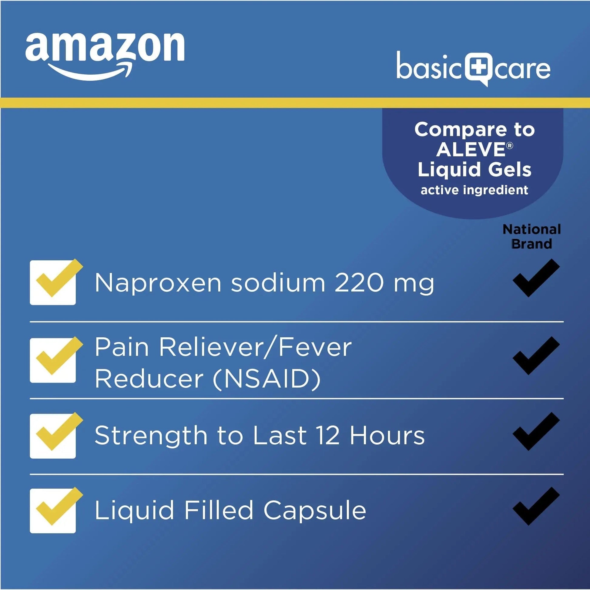 Amazon Basic Care Naproxen Sodium 220 mg Liquid Gels, Pain Reliever/Fever Reducer (NSAID), Headache, Backache, Menstrual Pain, Arthritis Pain, 12-Hour Relief, 180 Count (previously A+ health) Amazon Basic Care buy supplements canada
