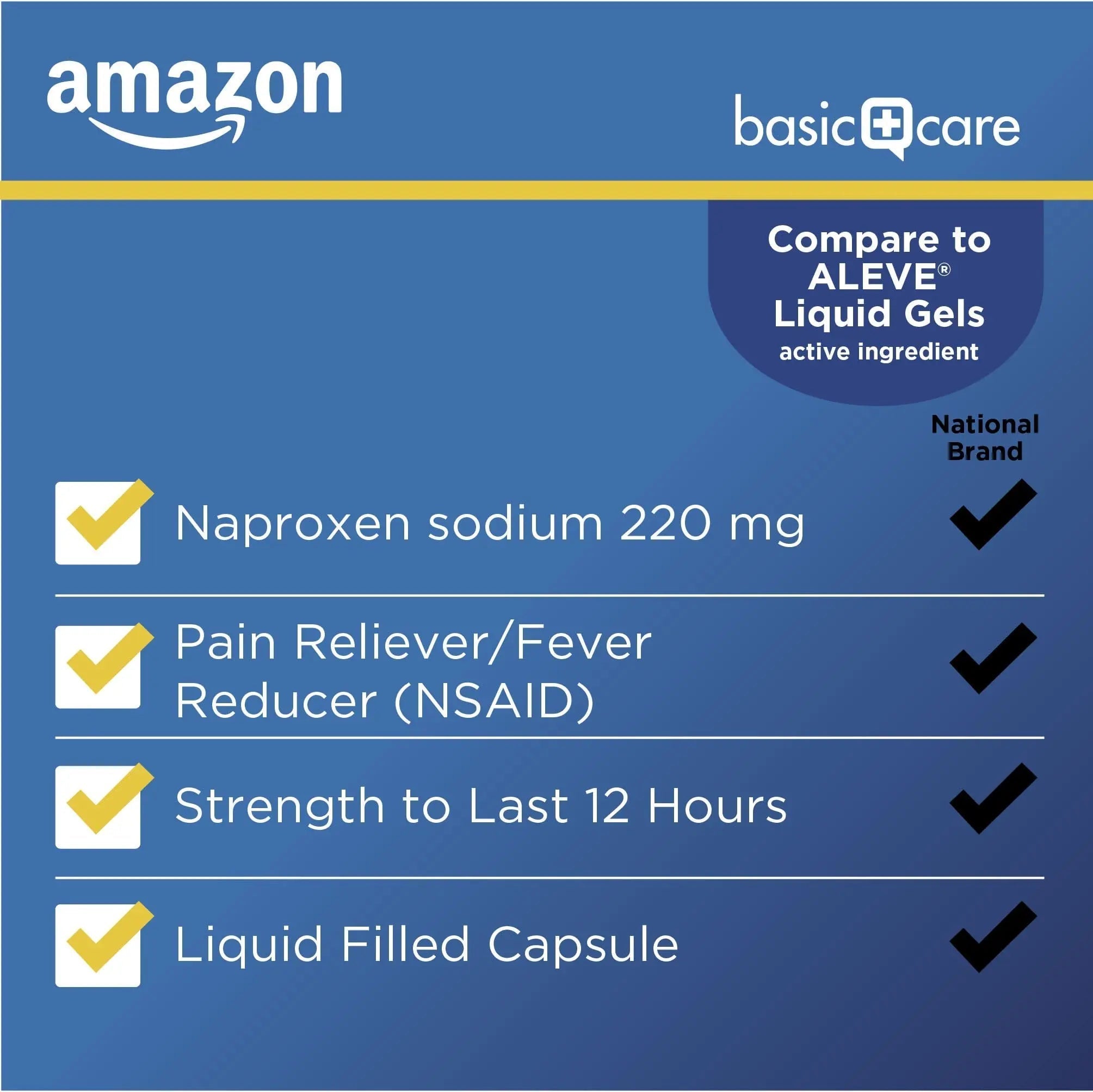 Amazon Basic Care Naproxen Sodium 220 mg Liquid Gels, Pain Reliever/Fever Reducer (NSAID), Headache, Backache, Menstrual Pain, Arthritis Pain, 12-Hour Relief, 180 Count (previously A+ health) Amazon Basic Care buy supplements canada