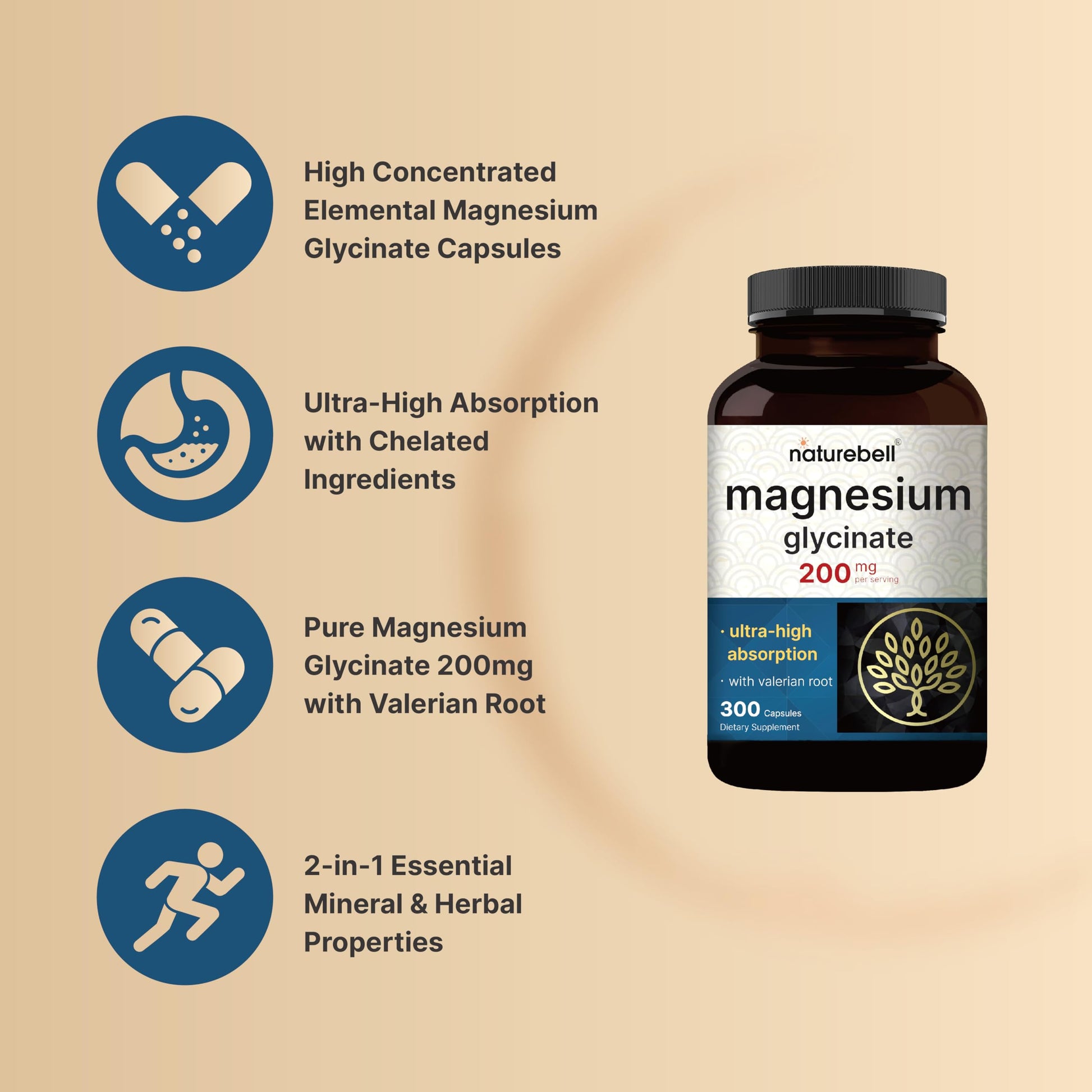 Pure Magnesium Glycinate for Sleep, 200mg with Valerian Root, 300 Capsules | 100% Chelated & Purified Mineral Supplement – Ultra High Absorption – Non-GMO, Gluten Free NatureBell buy supplements canada