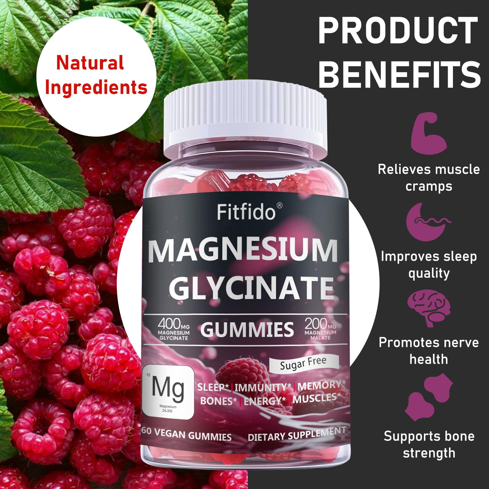 Magnesium Glycinate Gummies 400mg, Chewable Sugar Free Magnesium Supplement with Magnesium Glycinate, Magnesium Malate and Protein for Sleep, Relaxation, Brain & Muscle - Vegan (60 Count, Raspberry) Fitfido buy supplements canada