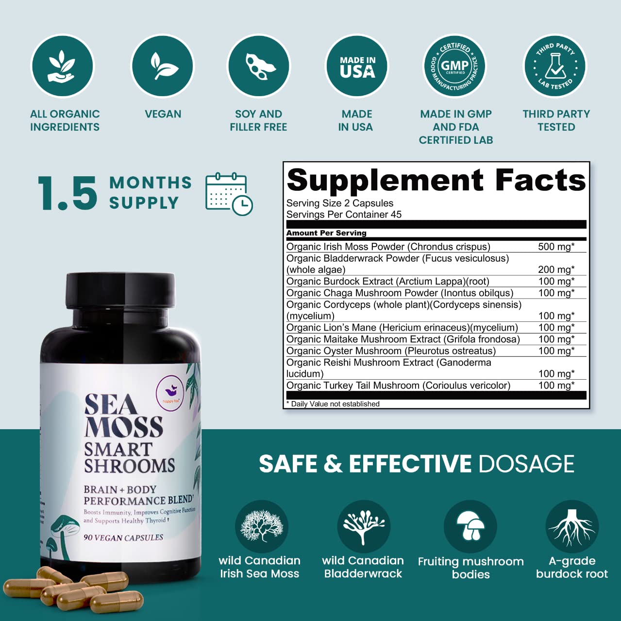 HAPPY FOX Irish Sea Moss Capsules & Mushroom Complex - Organic Seamoss with Adaptogens for Brain Health, 1500mg, 90 Vegan Capsules, Organic Mushroom Supplement HAPPY FOX buy supplements canada